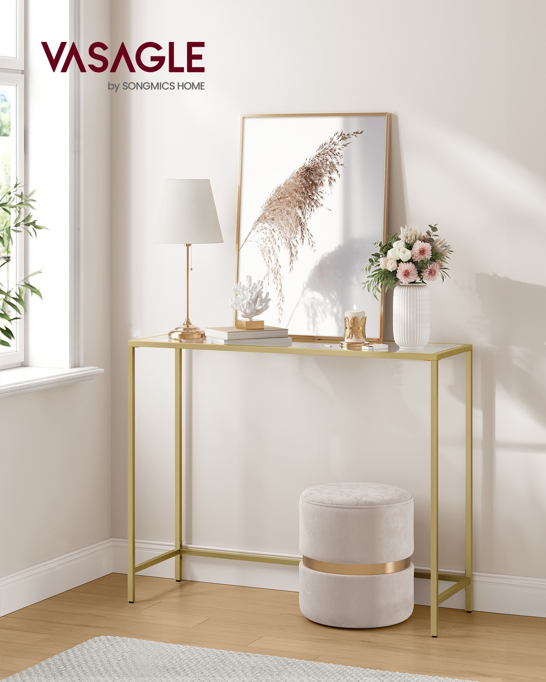 Konsolinis staliukas iš metalo ir stiklo, auksinės spalvos, 100 x 35 x 80 cm - Image 2