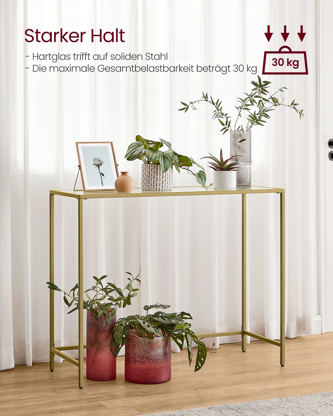 Konsolinis staliukas iš metalo ir stiklo, auksinės spalvos, 100 x 35 x 80 cm - Image 3