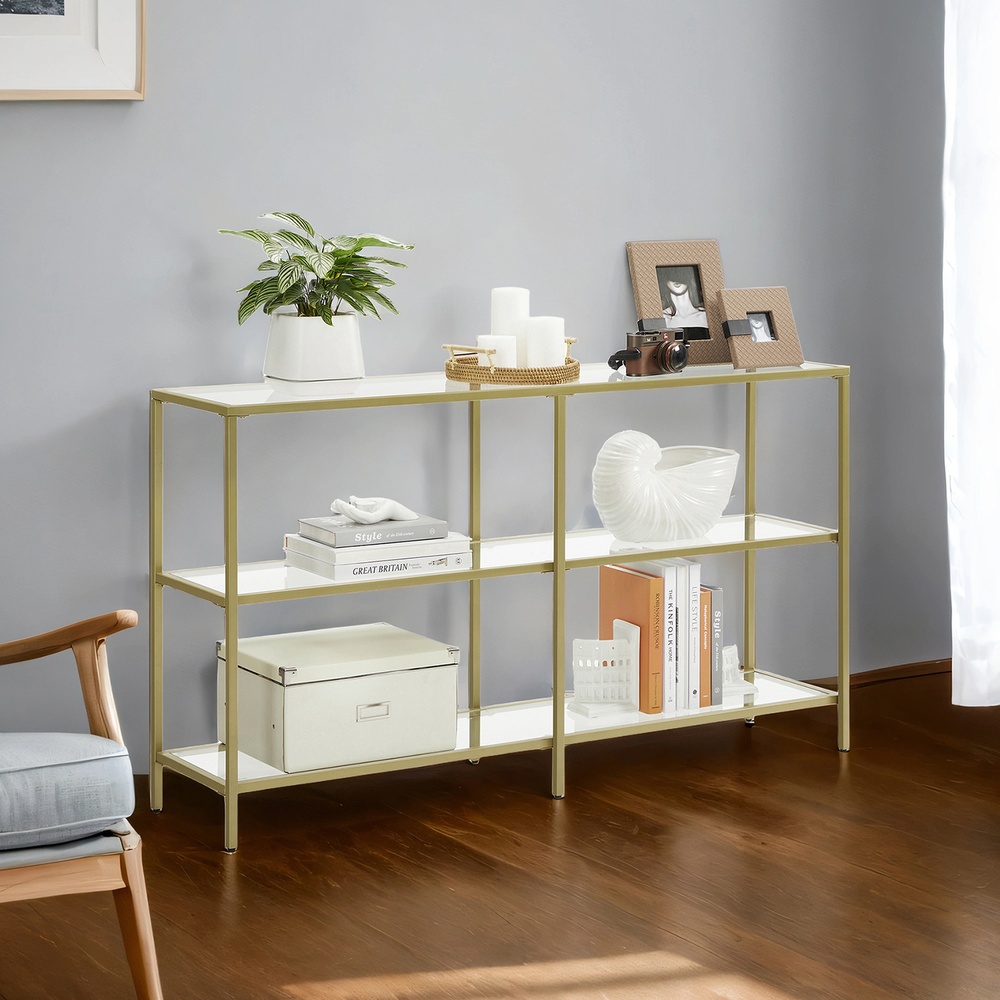 Konsoollaud 3 karastatud klaasist riiuliga, kuldset värvi, teras, 130 x 30 x 73 cm