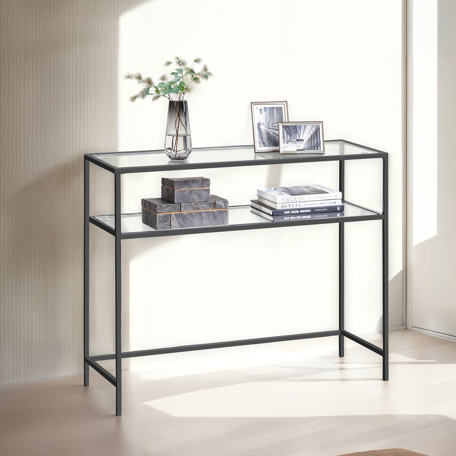 Konsoollaud 2 riiuliga, klaas ja metall, 100 x 35 x 80 cm, must
