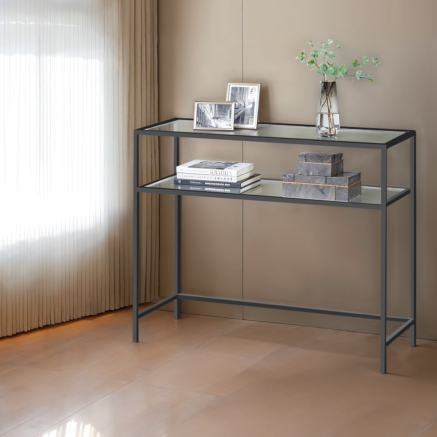 Konsoles galds ar 2 plauktiem, stikls un metāls, 100 x 35 x 80 cm, melns - Image 2