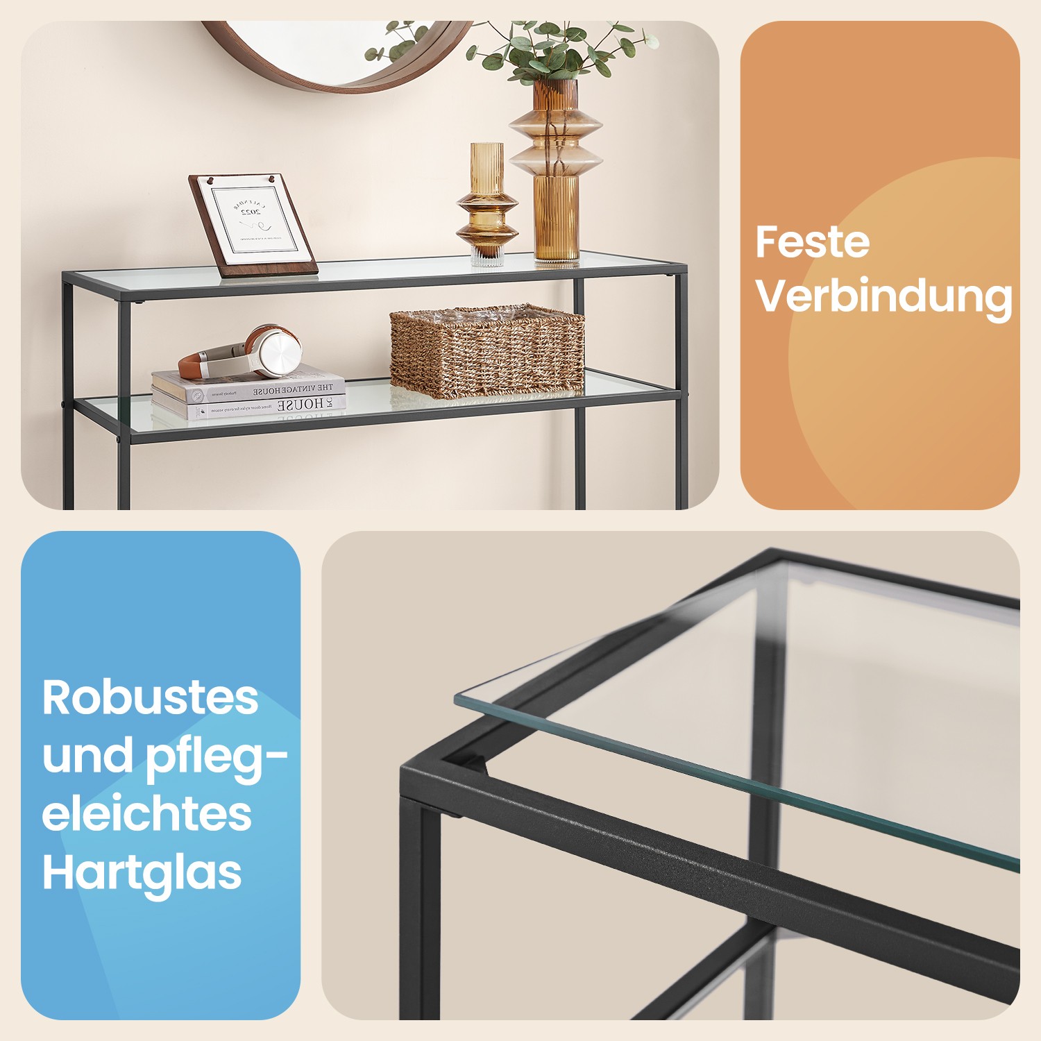 Konsoles galds ar 2 plauktiem, stikls un metāls, 100 x 35 x 80 cm, melns - Image 3