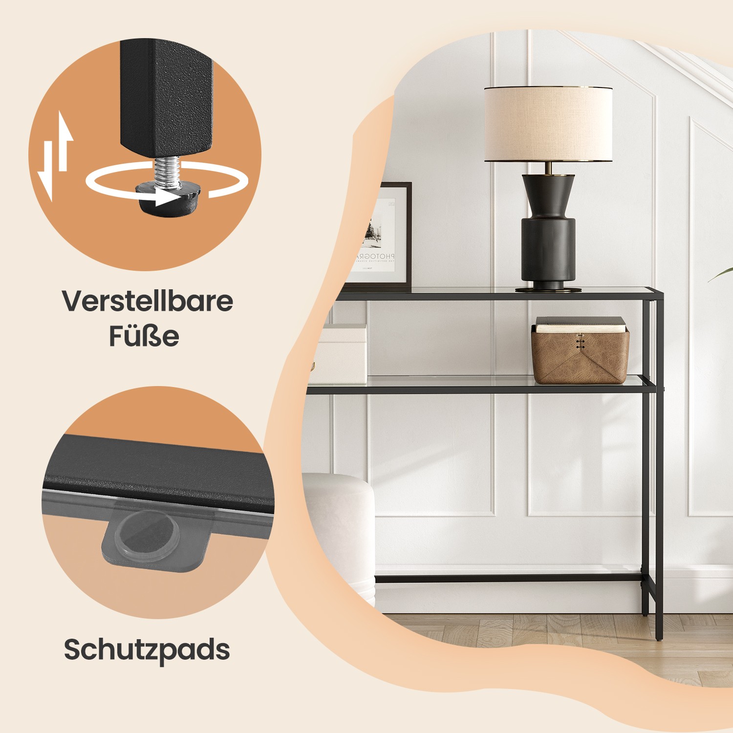 Konsoles galds ar 2 plauktiem, stikls un metāls, 100 x 35 x 80 cm, melns - Image 4
