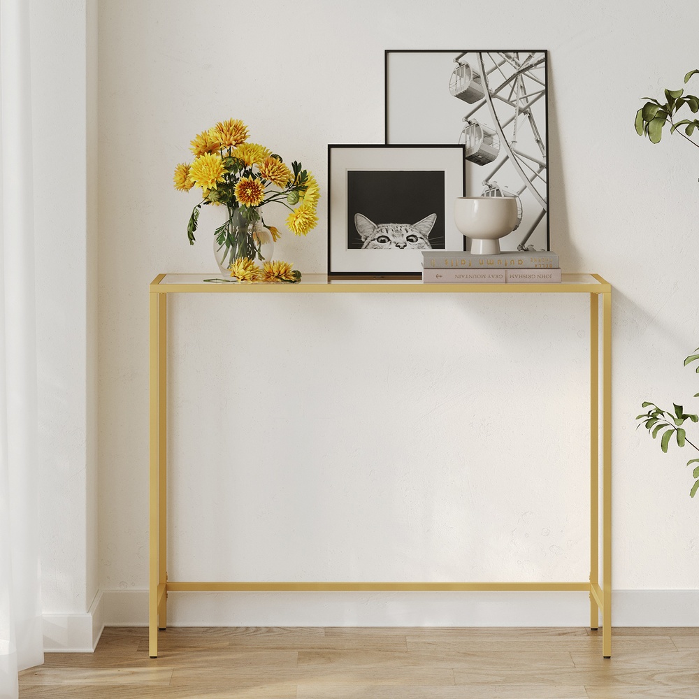 Konsoles galds no stikla un metāla, zelta krāsā, 100 x 35 x 80 cm - Image 2