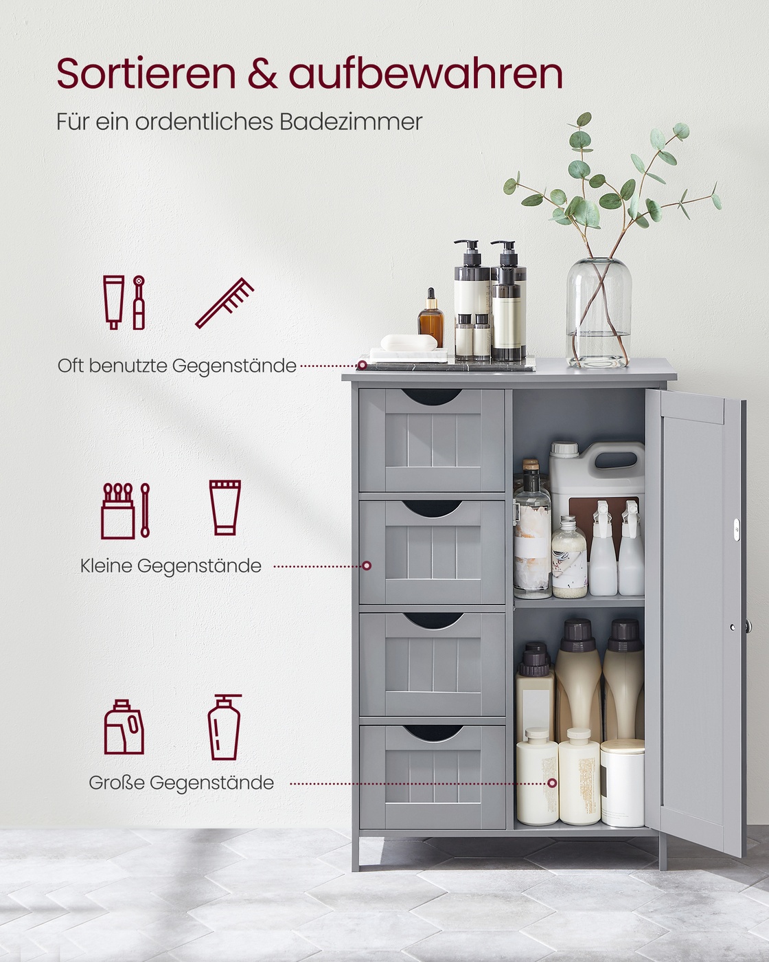 Vannasistabas skapītis ar 4 atvilktnēm, MDF, mistiski pelēks, 30 x 55 x 82 cm - Image 4