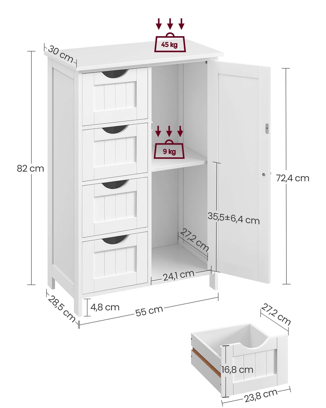 Vannasistabas skapītis, balts, MDF, 55 x 82 x 30 cm, ar 4 atvilktnēm un regulējamu plauktu - Image 3