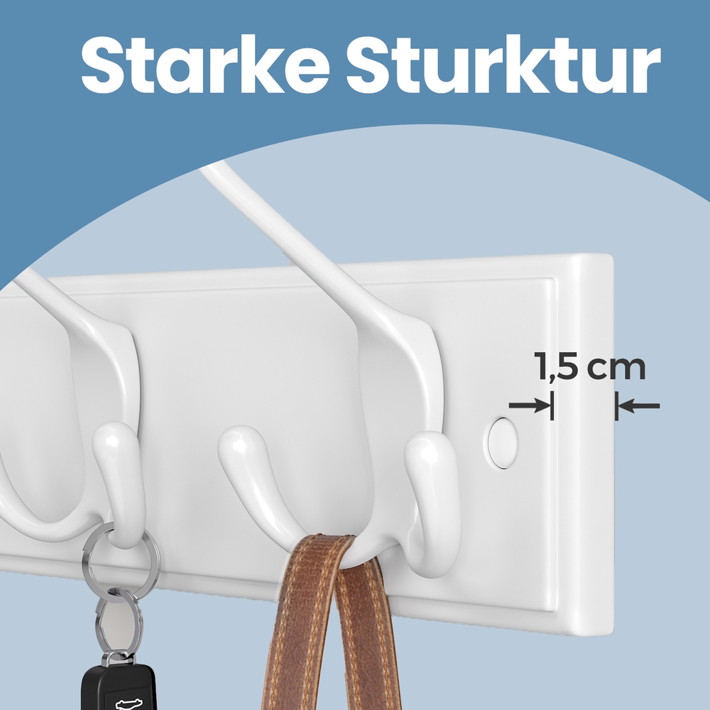 Sienas drēbju pakaramais ar 4 trīskāršiem metāla āķiem, balts, 40 x 11 x 7 cm - Image 4