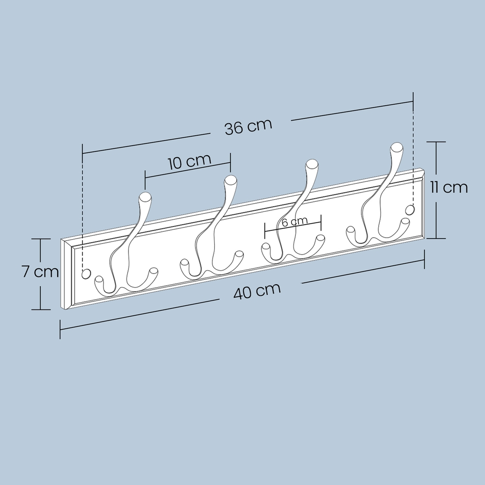 Sienas drēbju pakaramais ar 4 trīskāršiem metāla āķiem, balts, 40 x 11 x 7 cm - Image 6