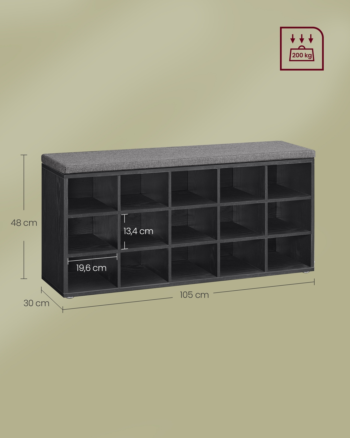 Apavu sols ar spilvenu, 15 nodalījumi, 30 x 105 x 48 cm, melns-pelēks - Image 5