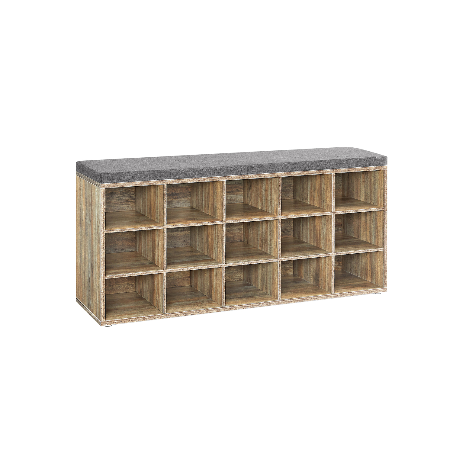 Jalatsipink istmega, 15 lahtrit, 30 x 105 x 48 cm, tammevärvi, hall