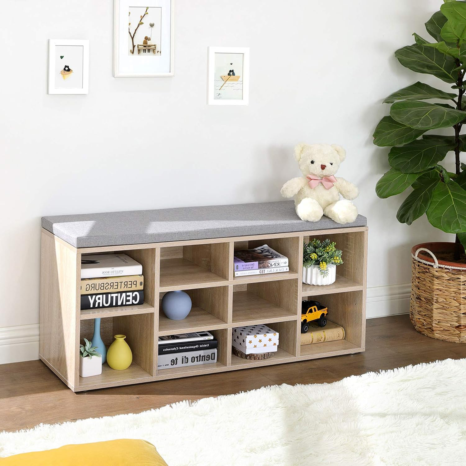 Apavu sols ar 10 nodalījumiem un polsterētu sēdi, 104 x 30 x 48 cm, koka imitācija - Image 2