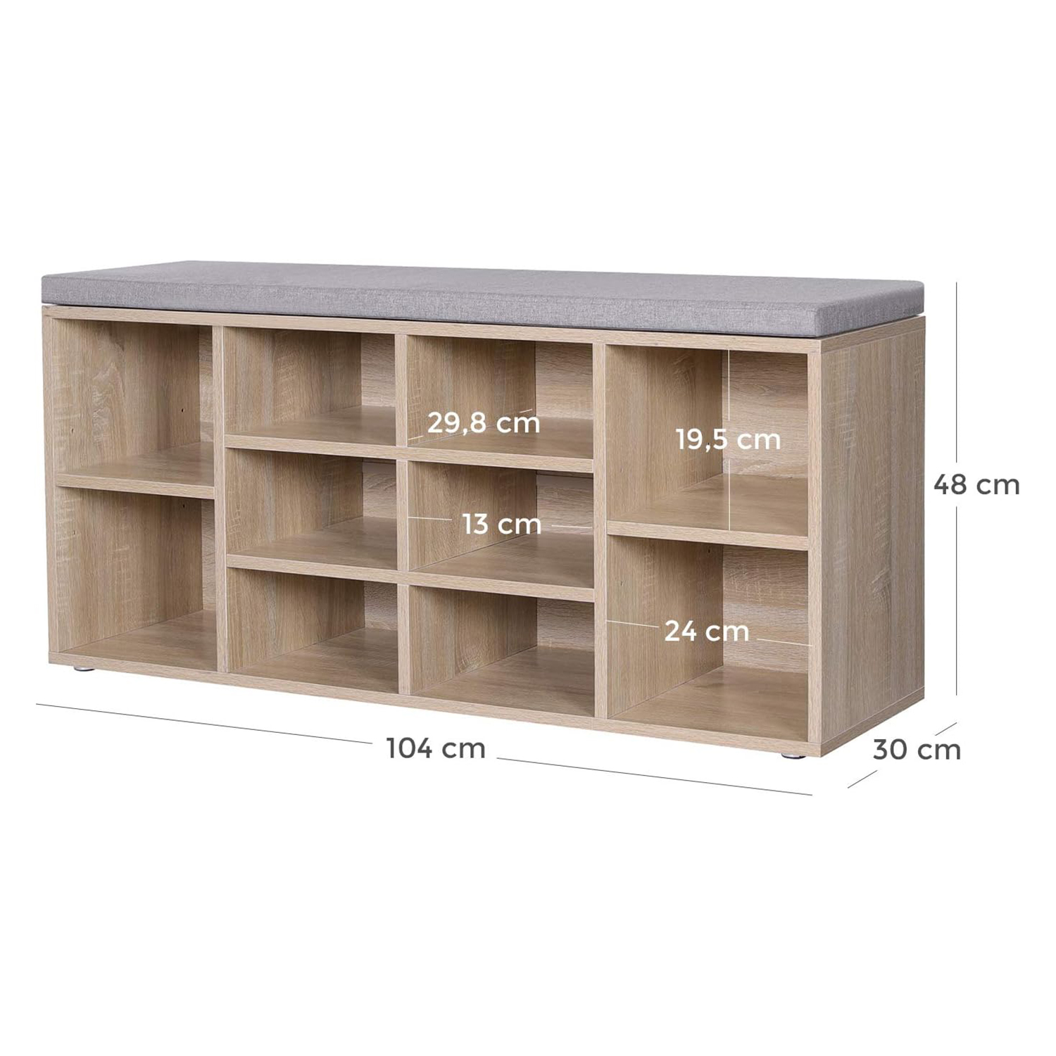 Apavu sols ar 10 nodalījumiem un polsterētu sēdi, 104 x 30 x 48 cm, koka imitācija - Image 4