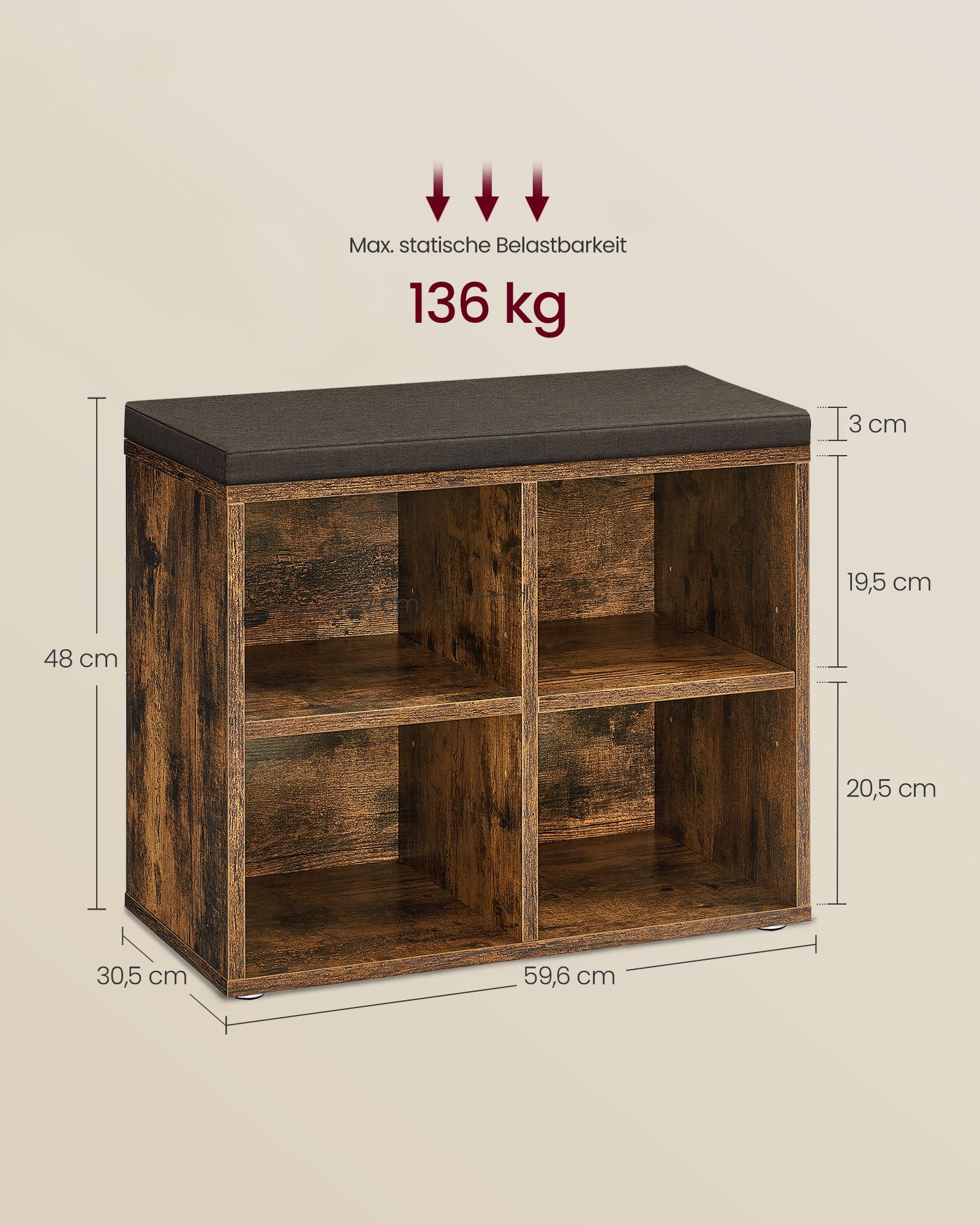 Apavu sols ar 6 nodalījumiem un 3 regulējamiem plauktiem, 30,5 x 59,6 x 48 cm, brūns - Image 5