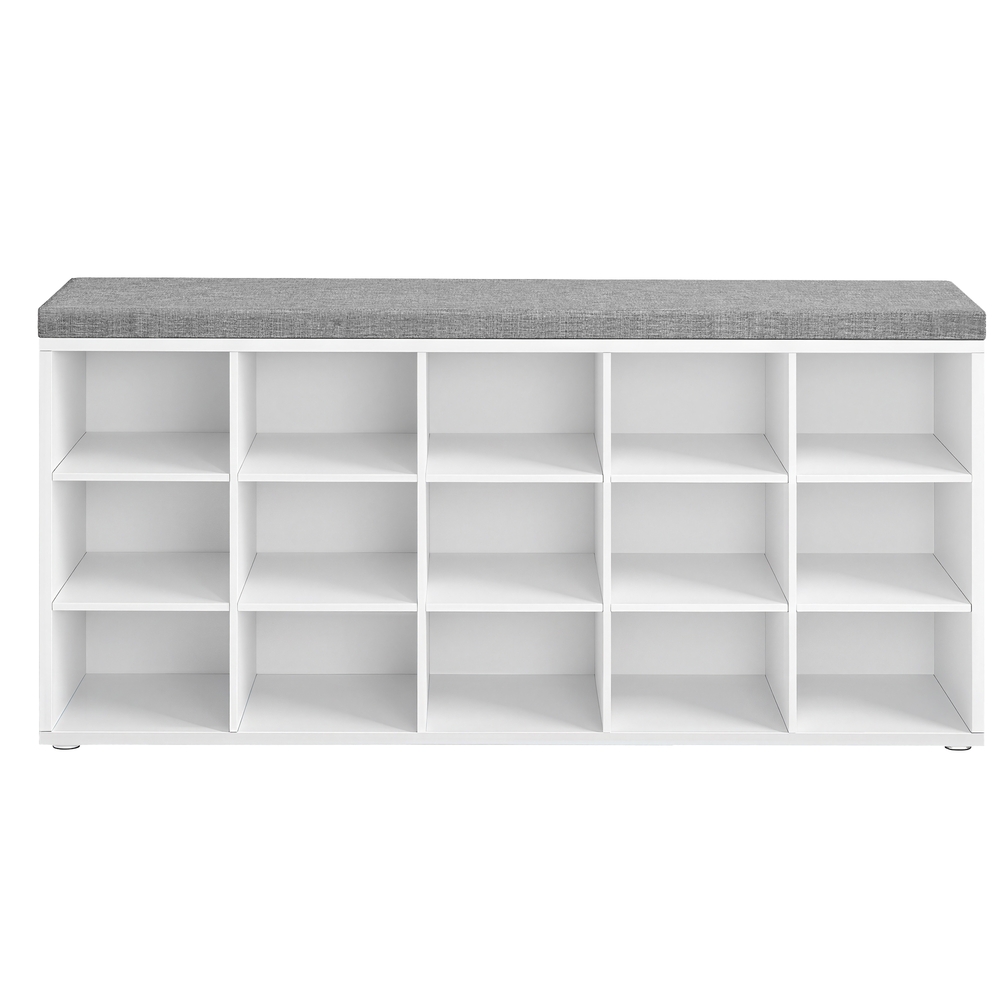 Jalatsipink panipaigaga, 15 lahtrit, pehmendusega iste, 105 x 30 x 48 cm, valge-hall