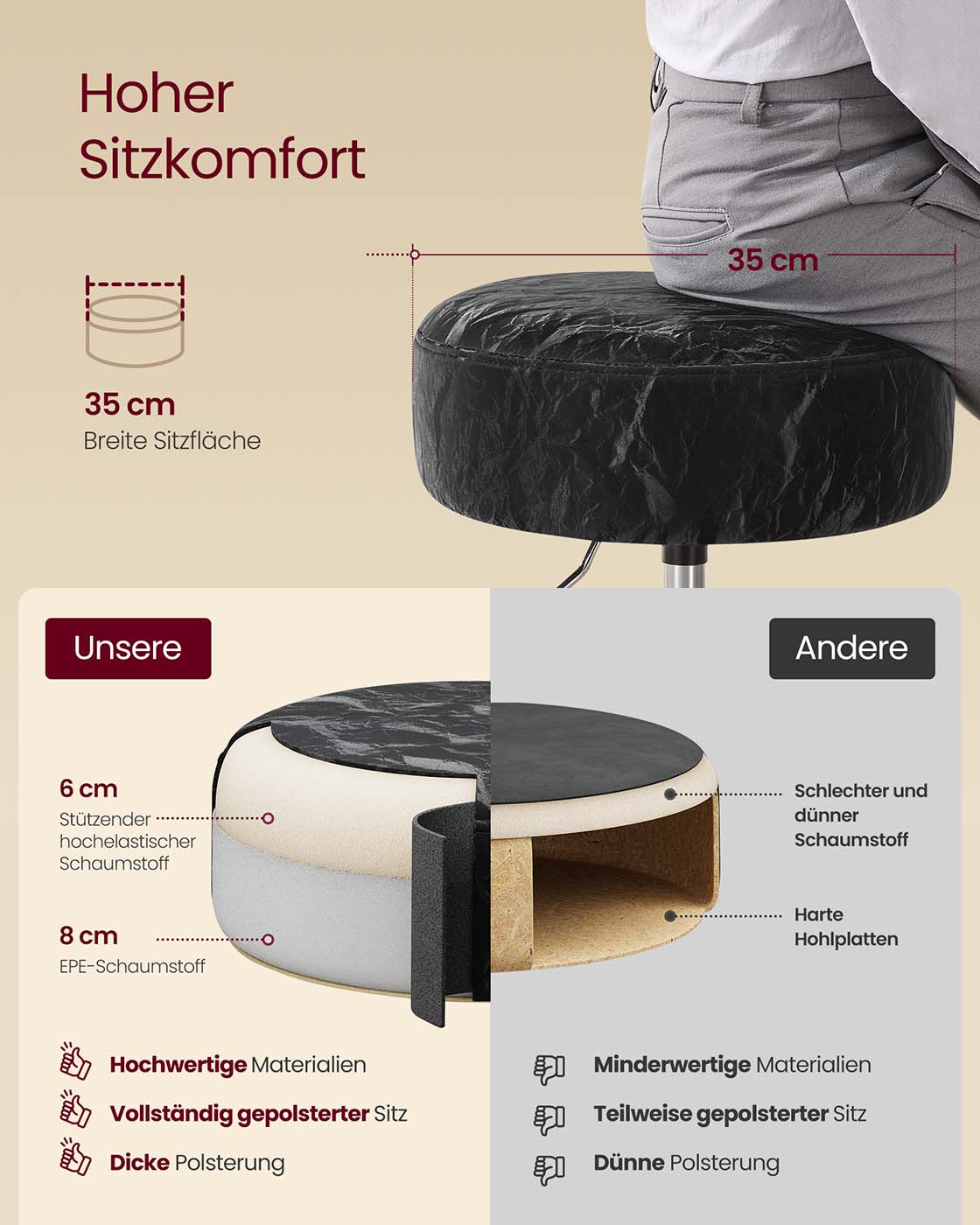Reguliuojamo aukščio tualetinio staliuko taburetė, 360° pasukama, PU, juoda - Image 3