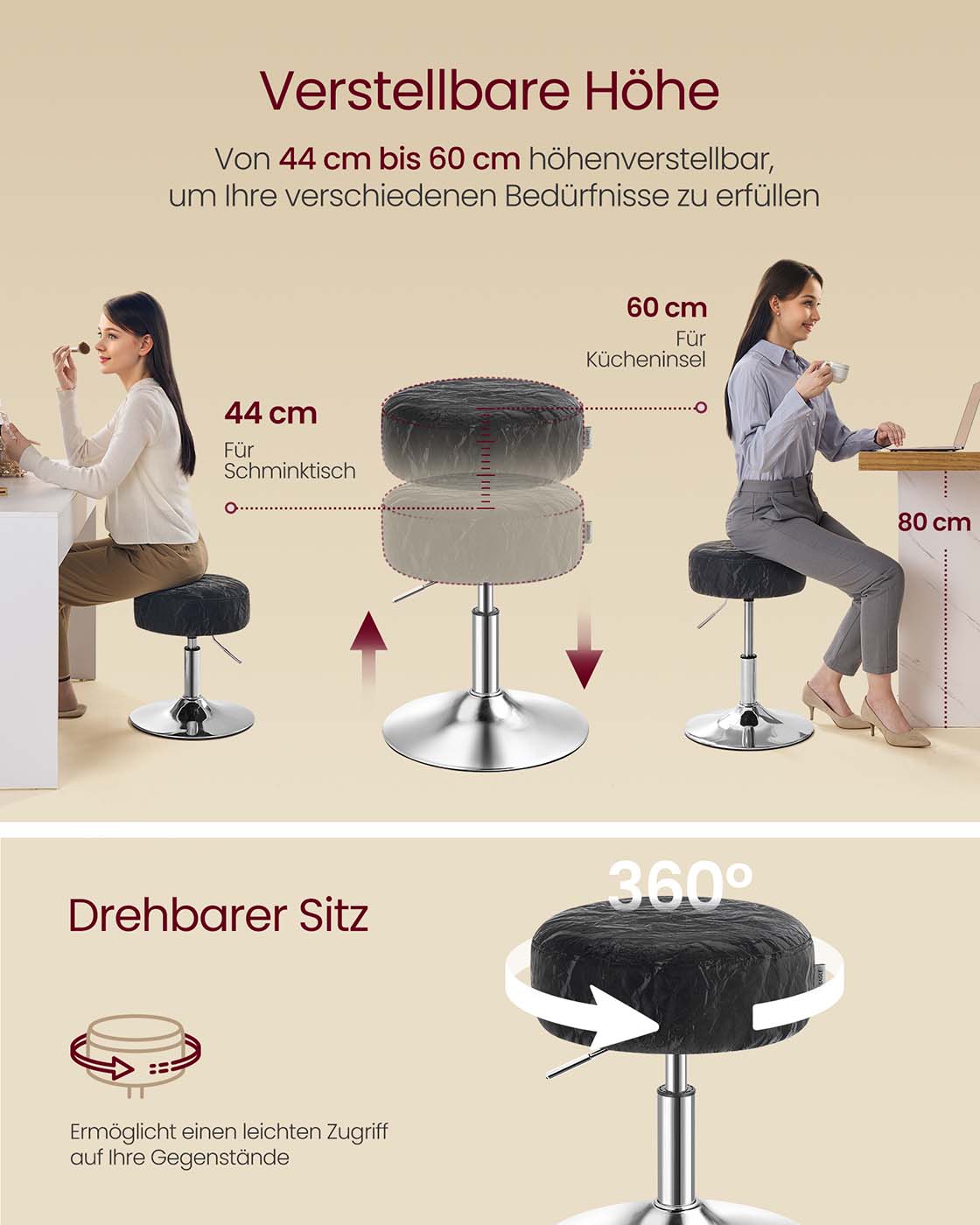 Reguliuojamo aukščio tualetinio staliuko taburetė, 360° pasukama, PU, juoda - Image 4