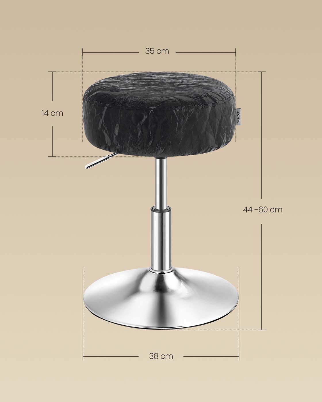 Reguliuojamo aukščio tualetinio staliuko taburetė, 360° pasukama, PU, juoda - Image 7