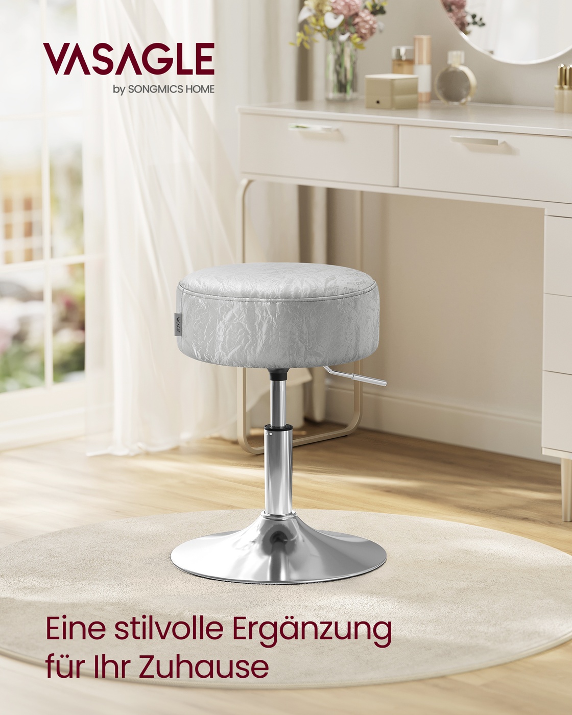 Reguliuojamo aukščio kosmetinis krėslas, 360° pasukamas, PU, pilkai rusvas, 38,5 cm - Image 2