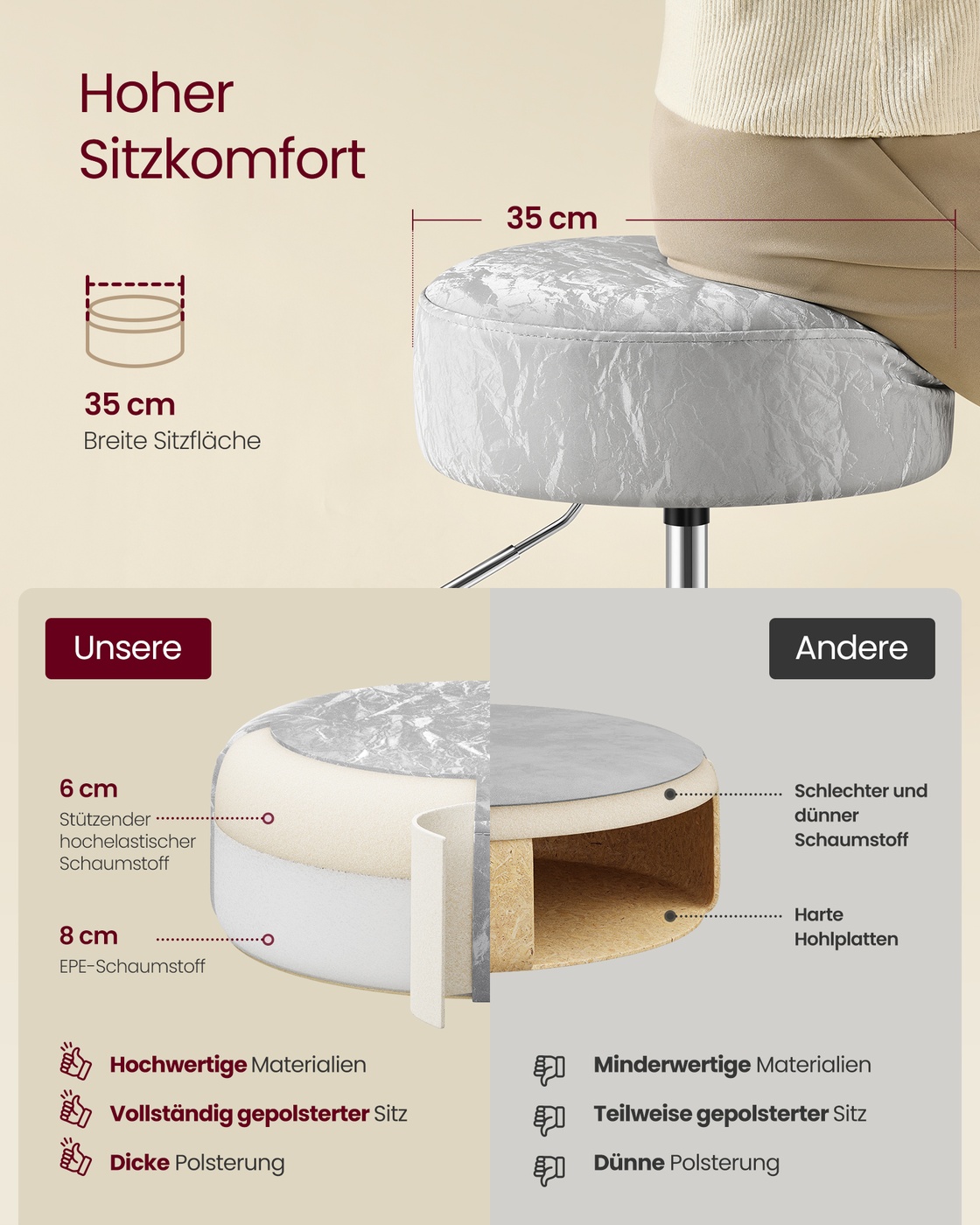 Reguliuojamo aukščio kosmetinis krėslas, 360° pasukamas, PU, pilkai rusvas, 38,5 cm - Image 3