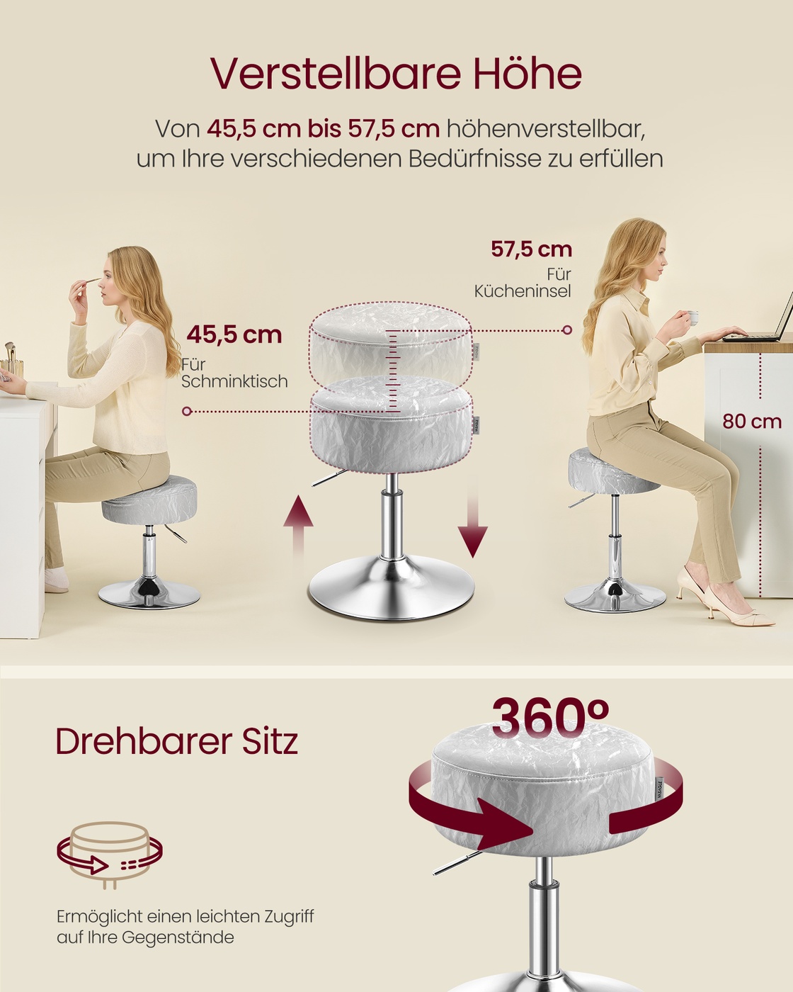 Reguliuojamo aukščio kosmetinis krėslas, 360° pasukamas, PU, pilkai rusvas, 38,5 cm - Image 4