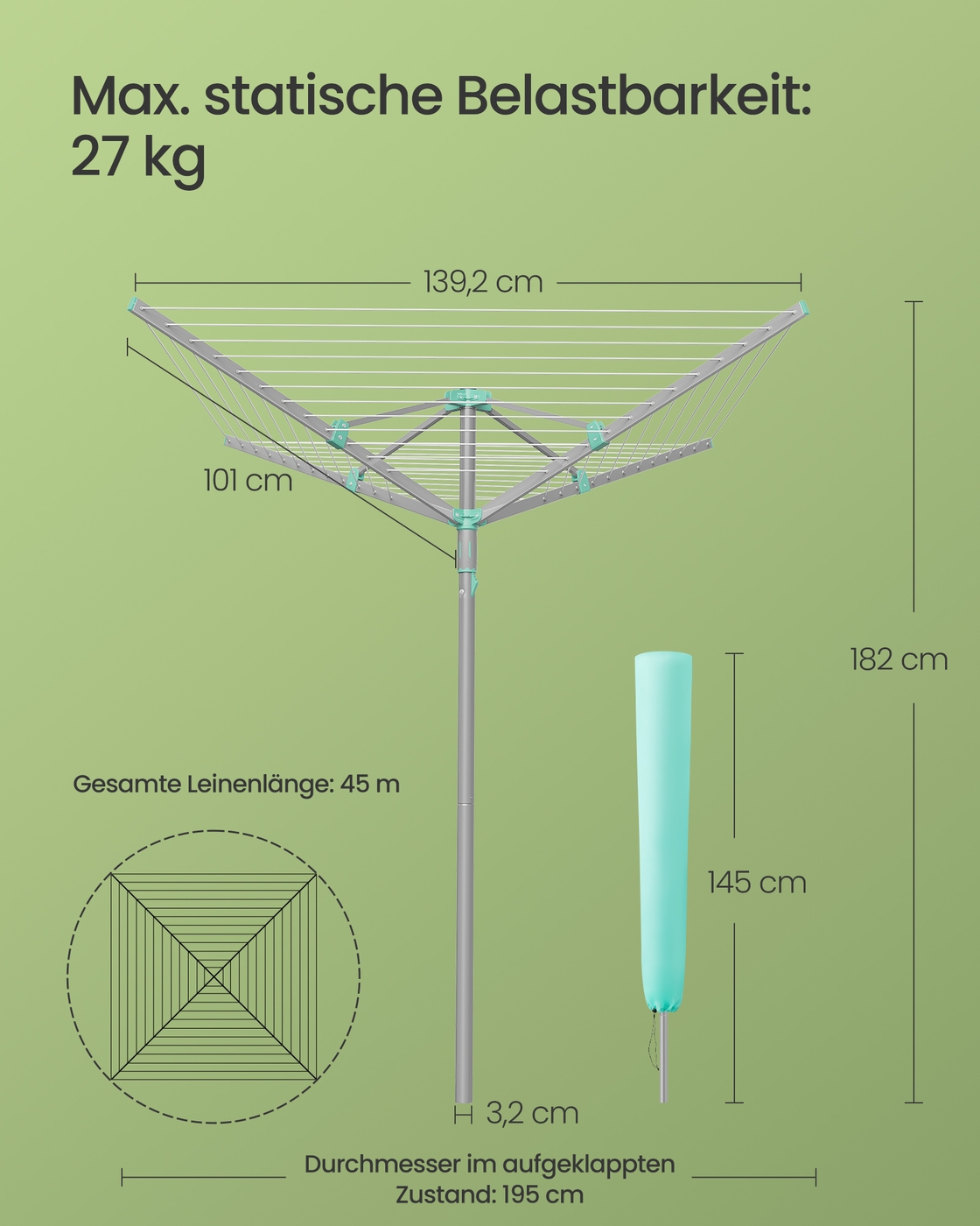 Āra rotējošs veļas žāvētājs ar pārvalku, 45 m veļas aukla, sudraba, 139,2 x 139,2 x 182 cm - Image 6