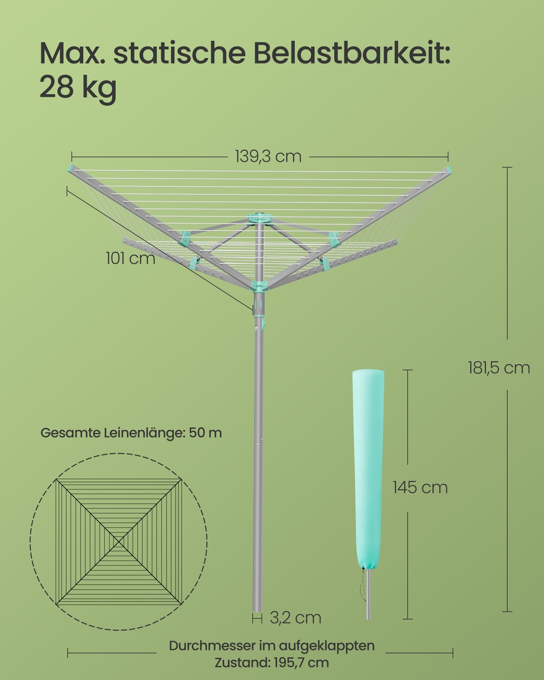 Skėtinis lauko skalbinių džiovintuvas, sidabrinis, 139,3 x 139,3 x 181,5 cm, su uždangalu - Image 6