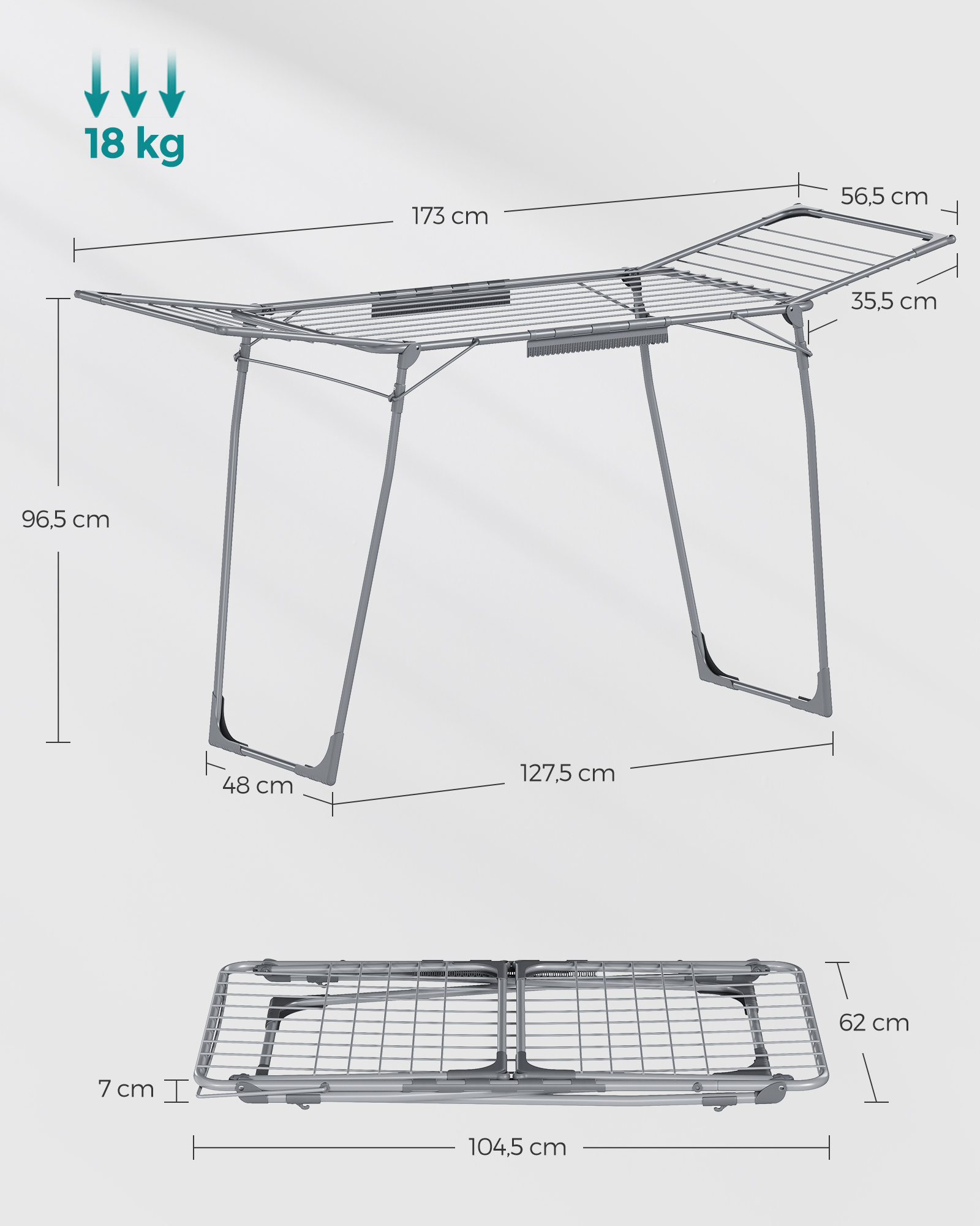 Skalbinių džiovyklė su kojinių laikikliu, pilka, metalas, 56,5 x 173 x 96,5 cm - Image 6