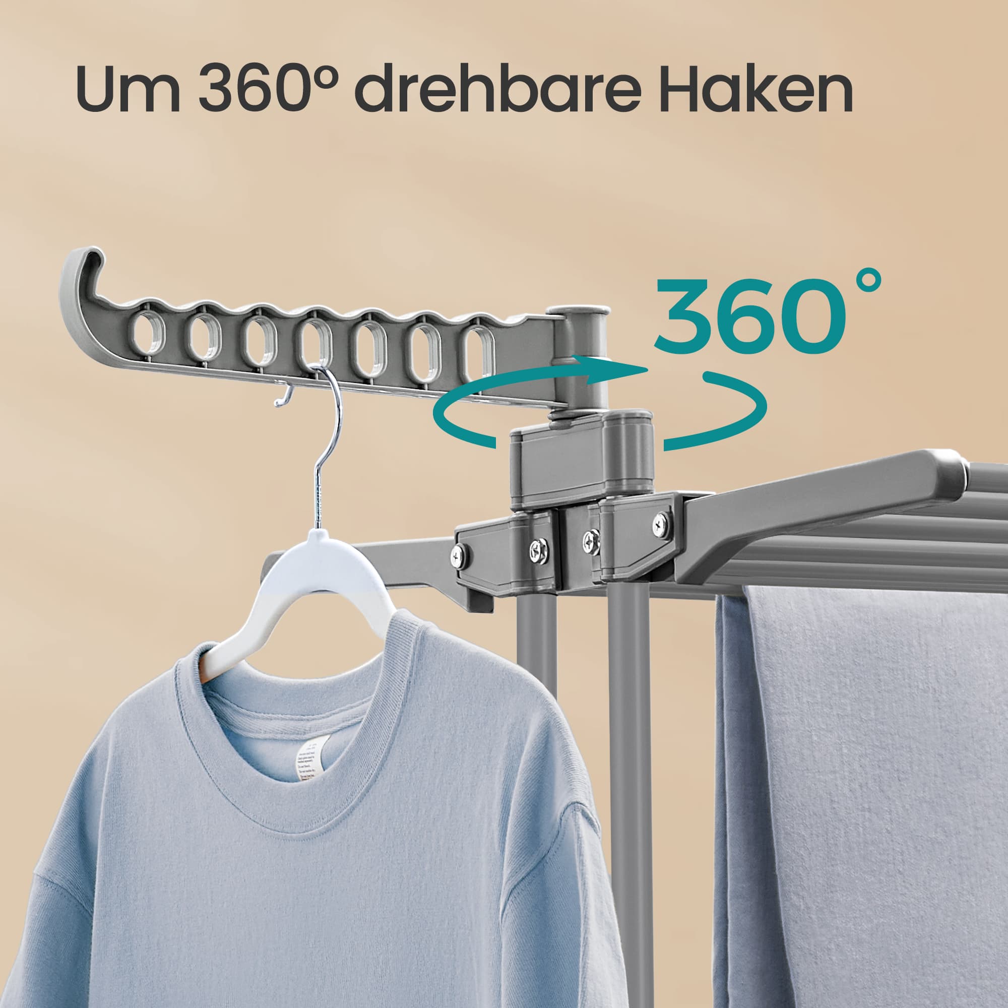 Pyykinkuivausteline, 4 tasoa, taittuvat sivusiivet ja pyörät, harmaa, 63,5 x 128 x 173 cm - Image 4