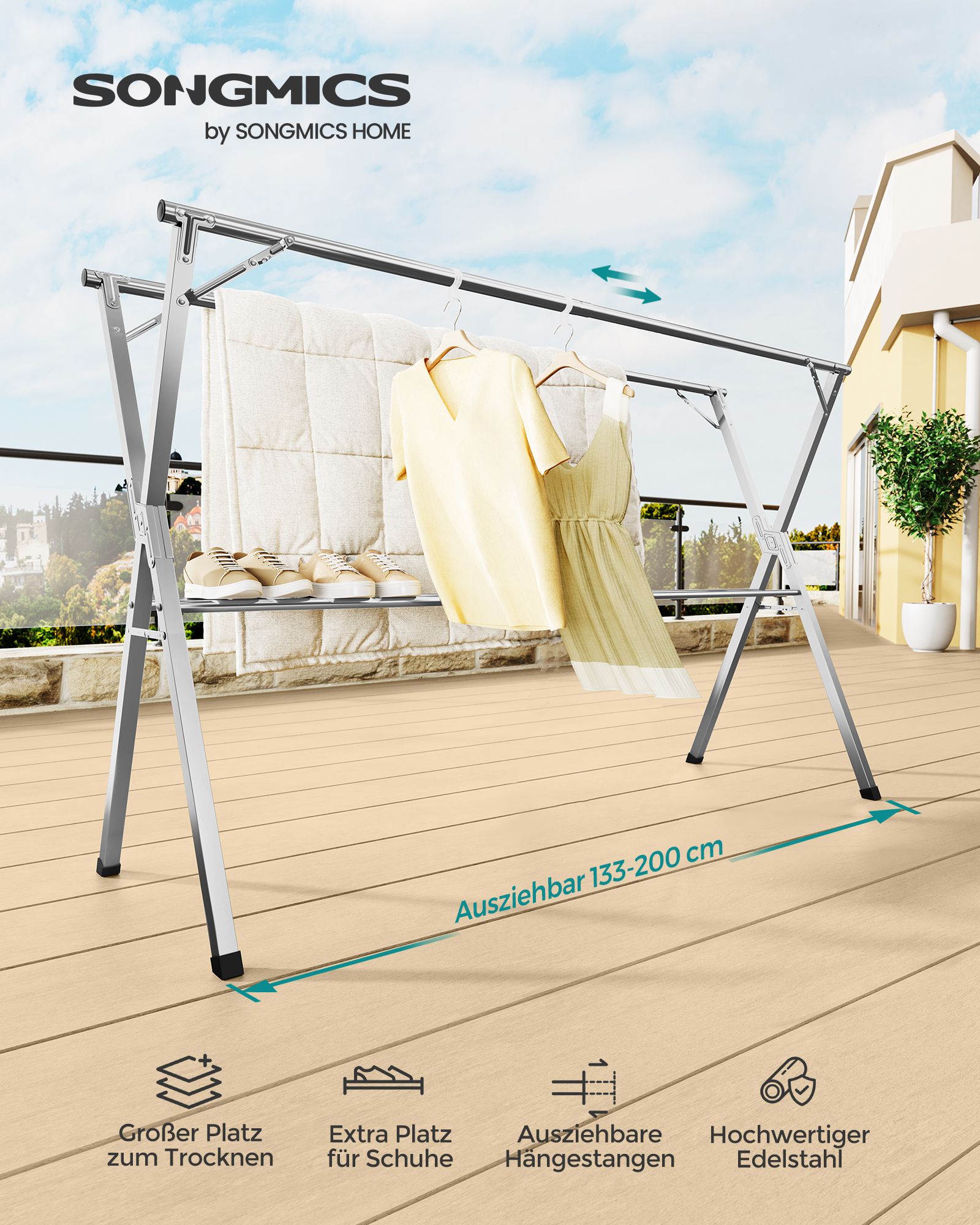 Vapaasti seisova ulosvedettävä kuivausteline, ruostumaton teräs, 66 x 133–200 x 130 cm, kyyhkynharmaa - Image 2