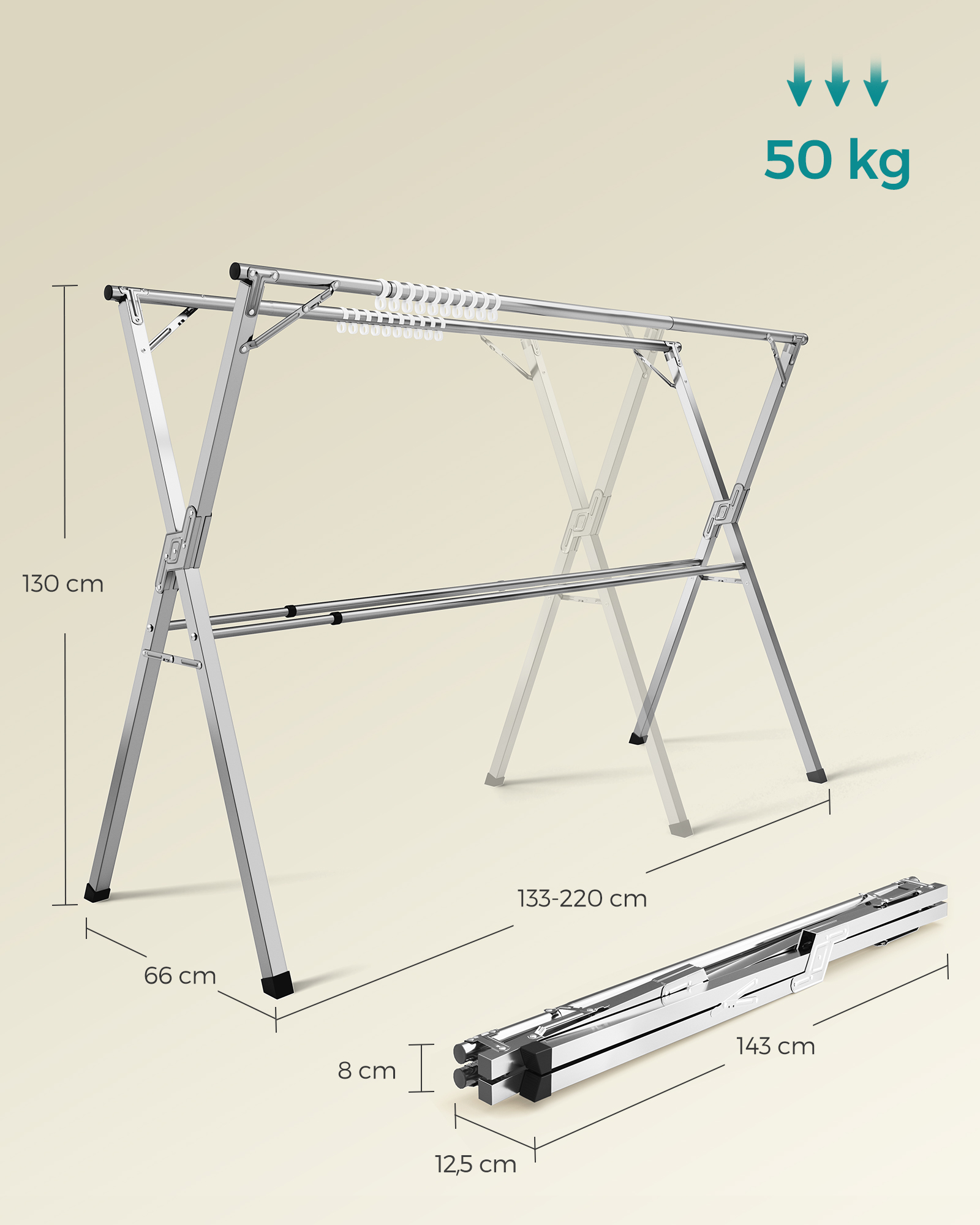 Vapaasti seisova ulosvedettävä kuivausteline, ruostumaton teräs, 66 x 133–200 x 130 cm, kyyhkynharmaa - Image 6