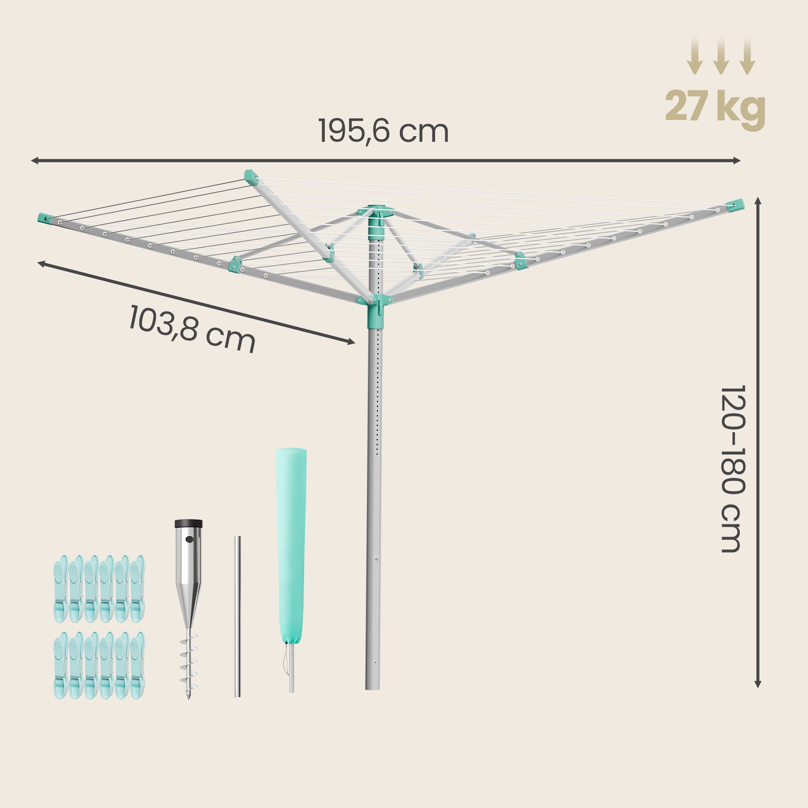 Skėčio tipo lauko skalbinių džiovyklė, reguliuojamo aukščio, 60 m virvė, 139,4 x 139,4 cm - Image 3
