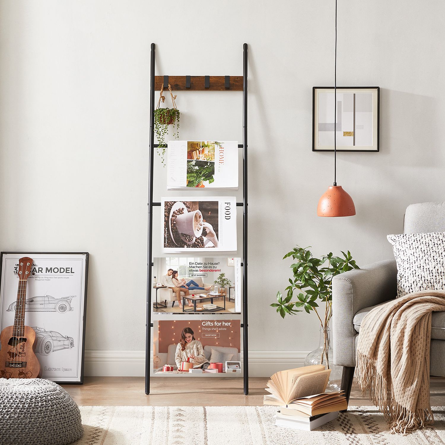 Dvieļu kāpnes ar 5 līmeņiem un 4 āķiem, 44 x 160 cm, brūni melnas - Image 5