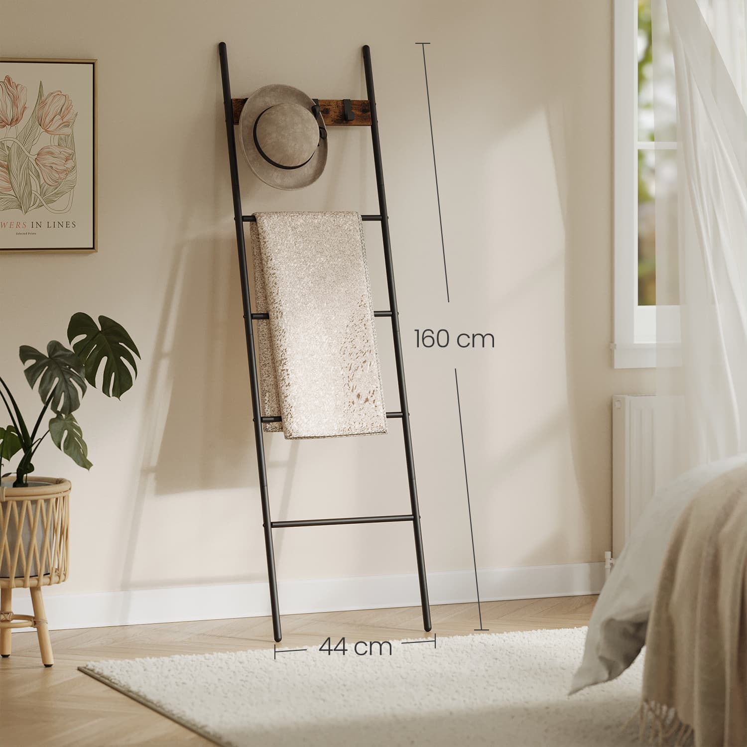 Kopėčių tipo rankšluosčių stovas su 5 lentynomis ir 4 kabliukais, 44 x 160 cm, rudas-juodas - Image 5
