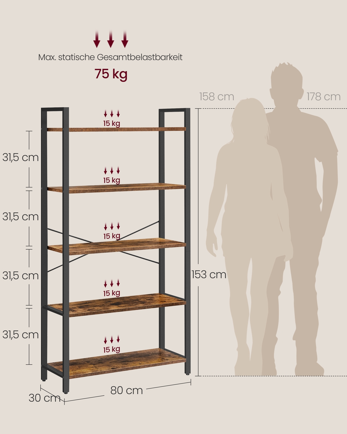 Grāmatu plaukts ar 5 plauktiem, 30 x 80 x 153 cm, skaidu plātne un tērauds, brūns/melns - Image 6