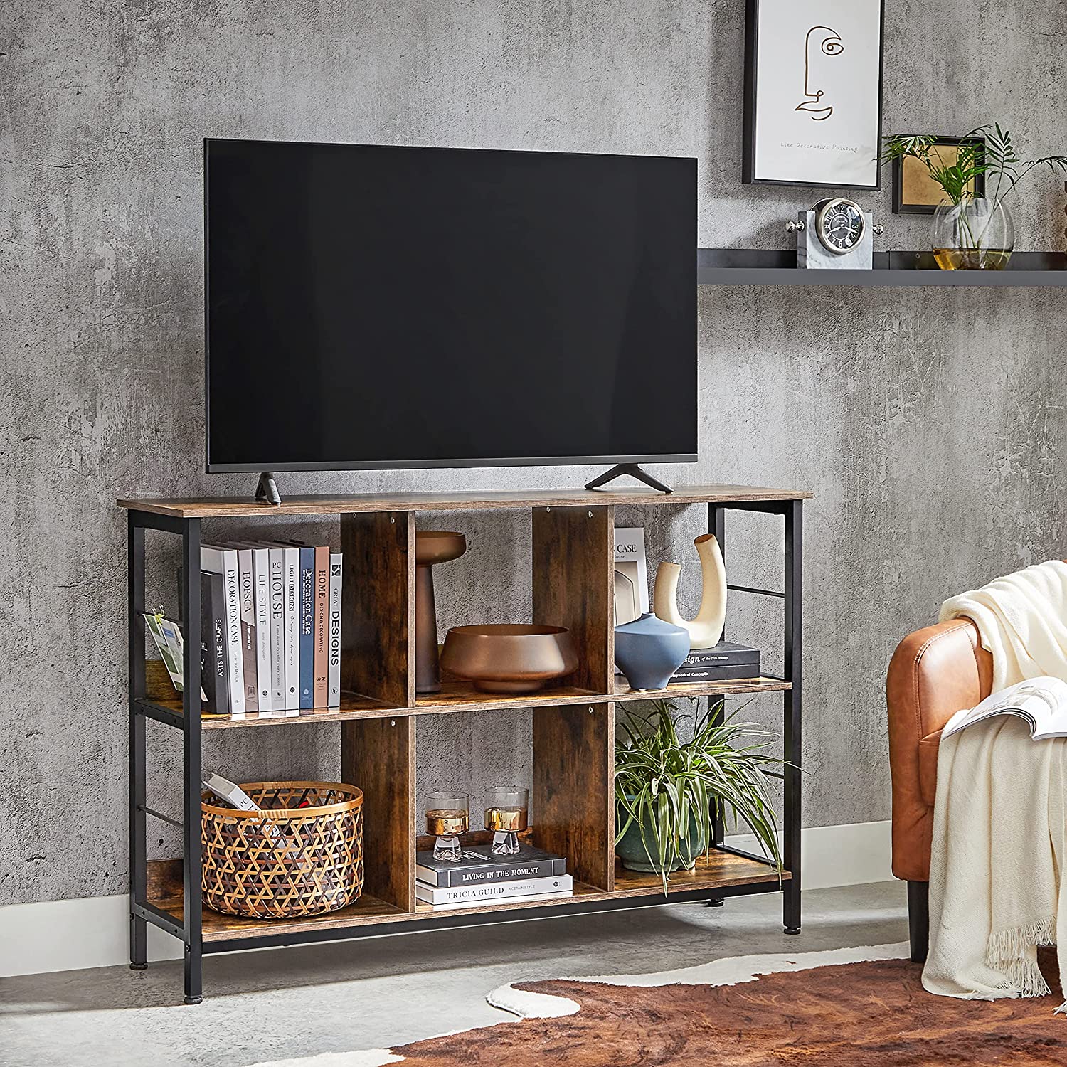 Kirjahylly 6 lokerolla, 120 x 33 x 80 cm, lastulevyä ja terästä, ruskea-musta - Image 4