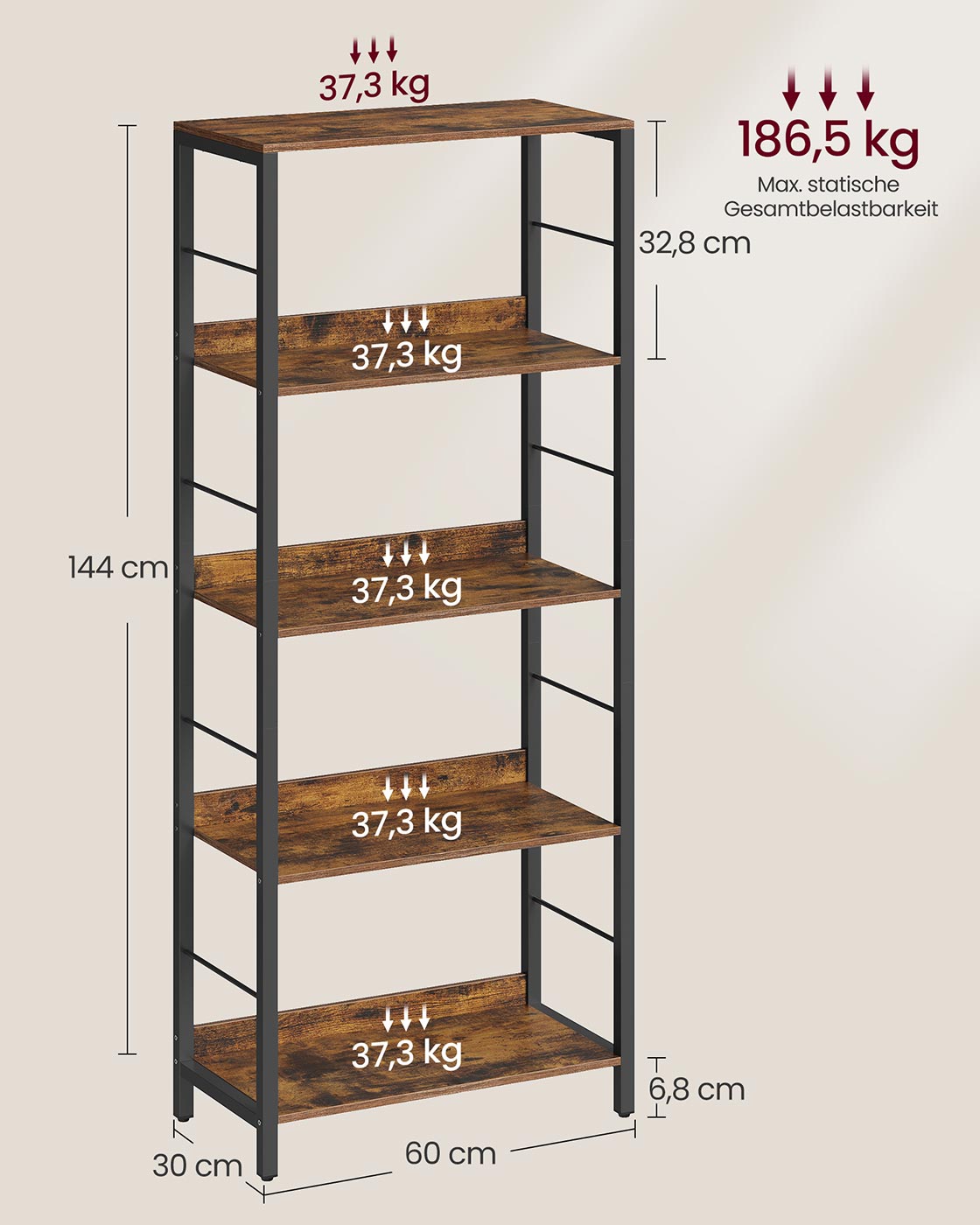 Kirjahylly 5 tasolla ja takalevyillä, 30 x 60 x 144 cm, vintage ruskea, musta - Image 6