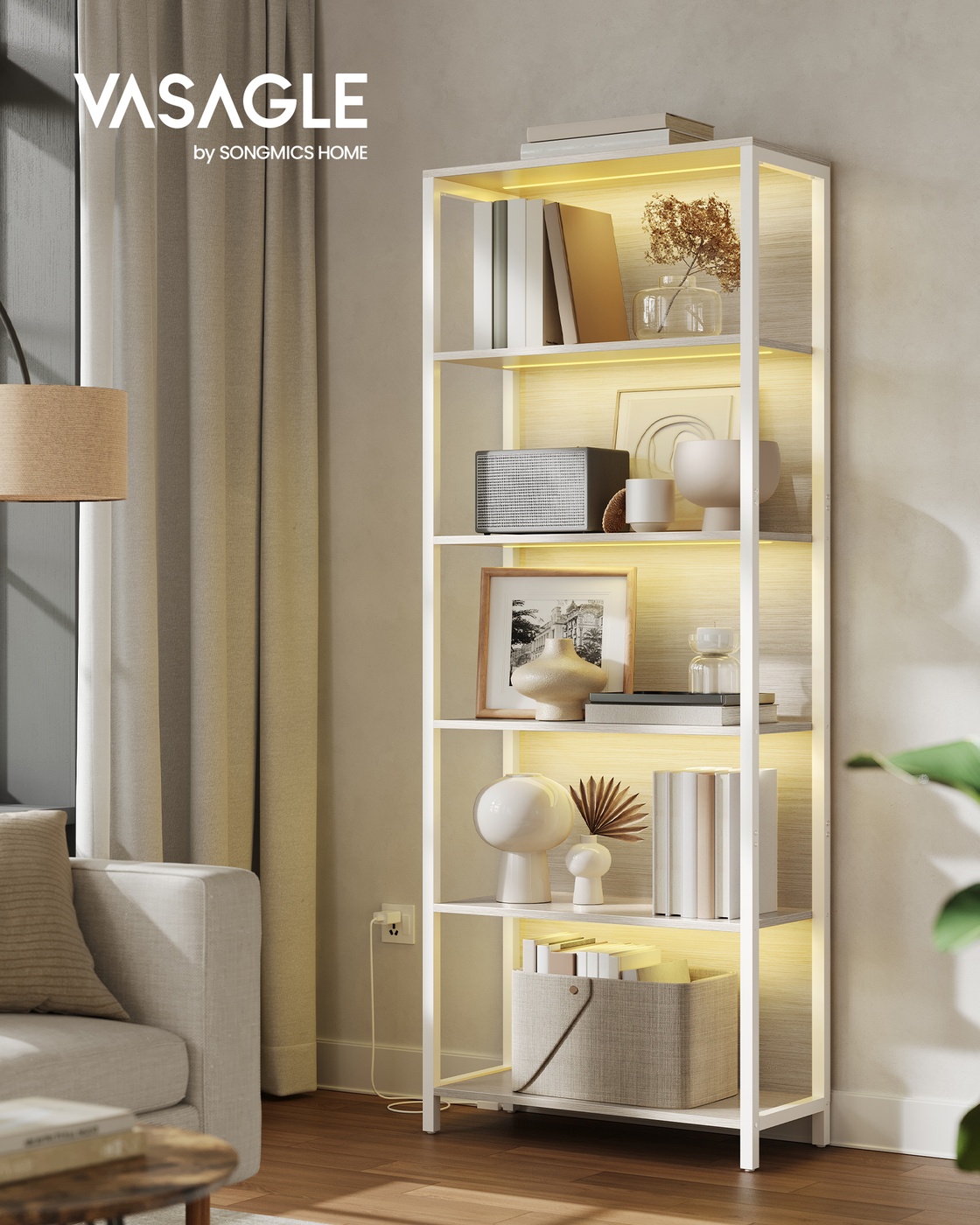 Knygų lentyna su 6 lentynomis ir LED apšvietimu, plieno rėmas, 30,3 x 60 x 178,6 cm, natūraliai smėlinė - Image 2