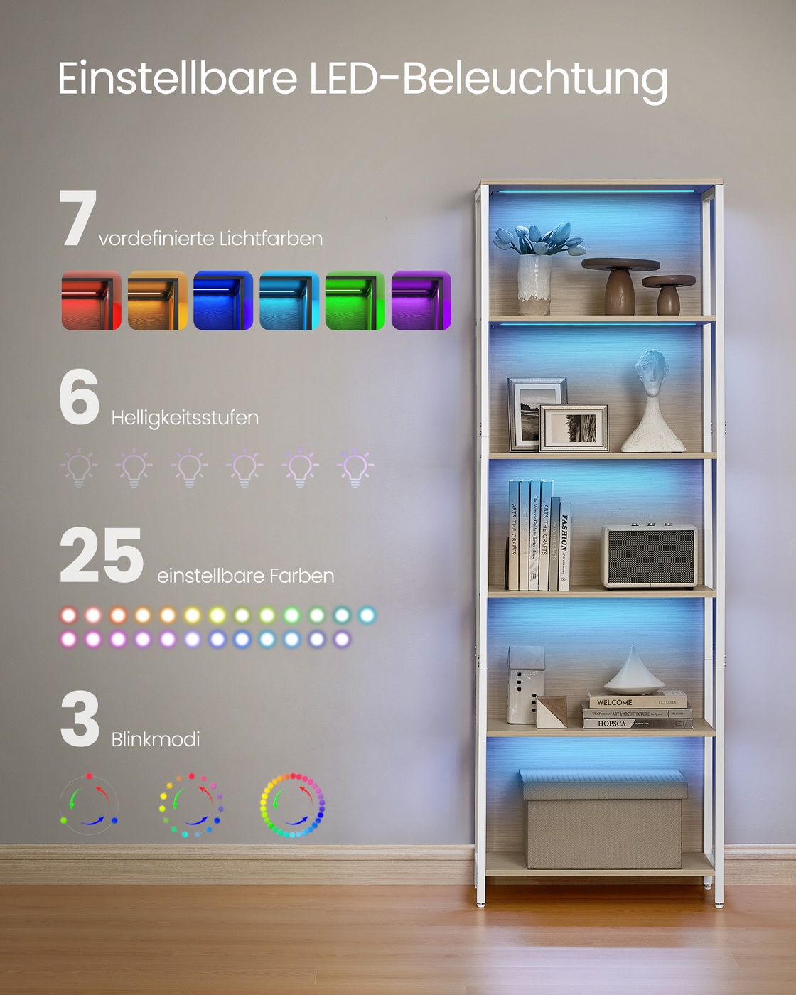 Knygų lentyna su 6 lentynomis ir LED apšvietimu, plieno rėmas, 30,3 x 60 x 178,6 cm, natūraliai smėlinė - Image 3