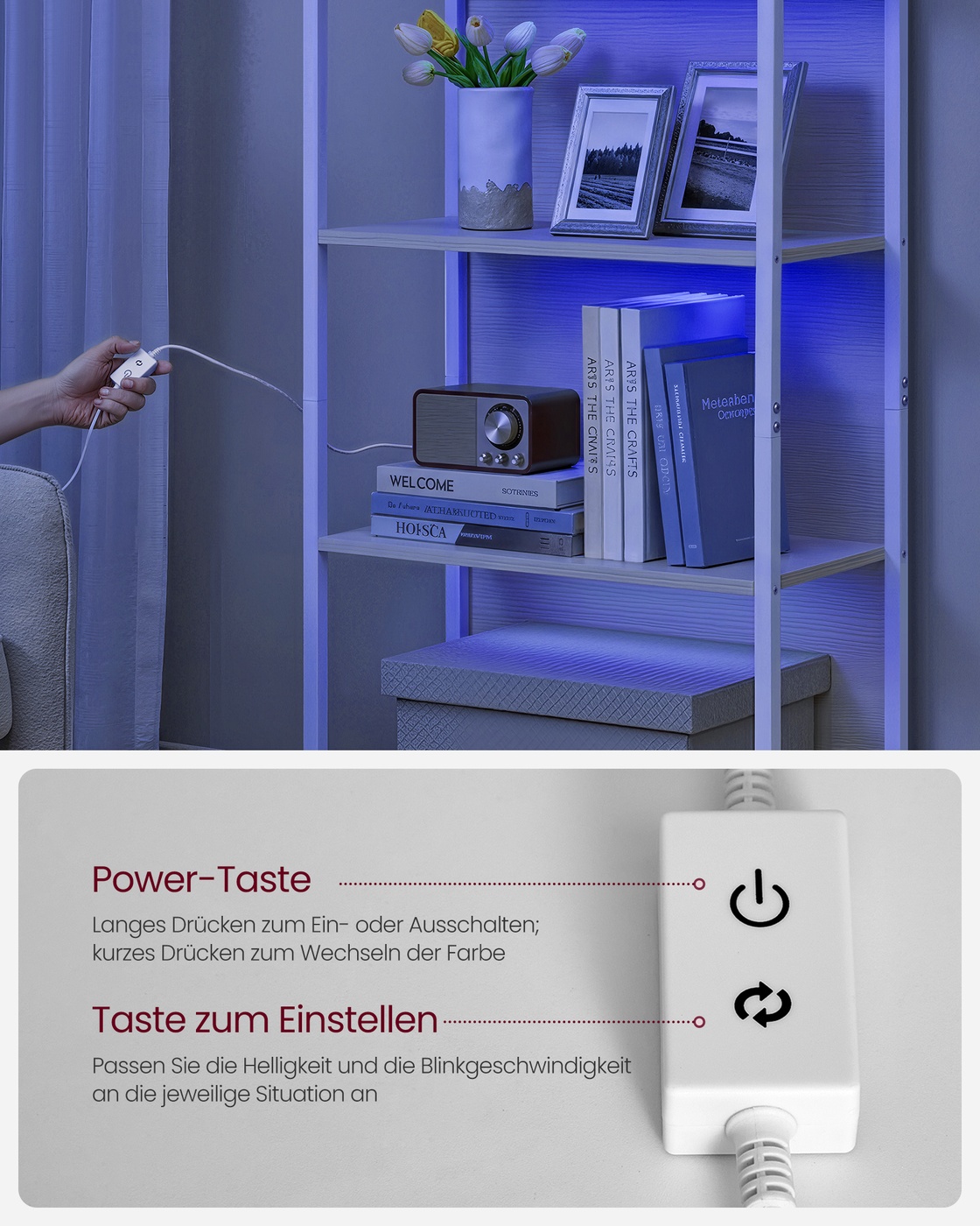 Knygų lentyna su 6 lentynomis ir LED apšvietimu, plieno rėmas, 30,3 x 60 x 178,6 cm, natūraliai smėlinė - Image 4