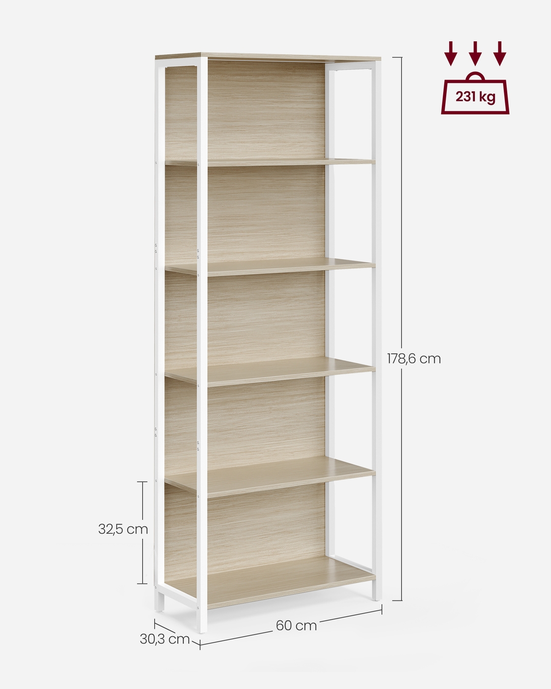 Knygų lentyna su 6 lentynomis ir LED apšvietimu, plieno rėmas, 30,3 x 60 x 178,6 cm, natūraliai smėlinė - Image 5