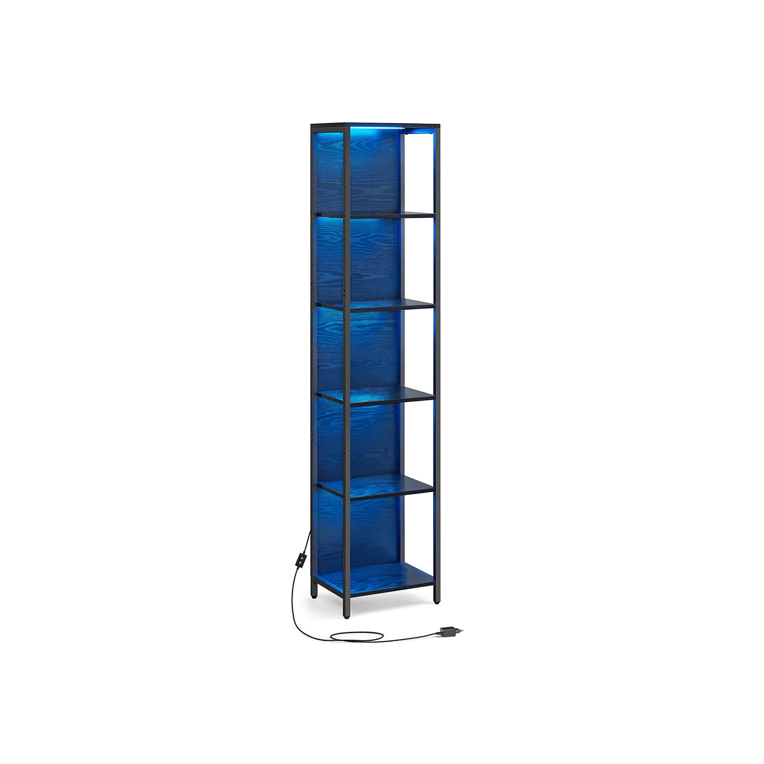Kirjahylly 6 hyllyllä ja LED-valaistuksella, teräsrunko, 30,3 x 40 x 178,6 cm, musta