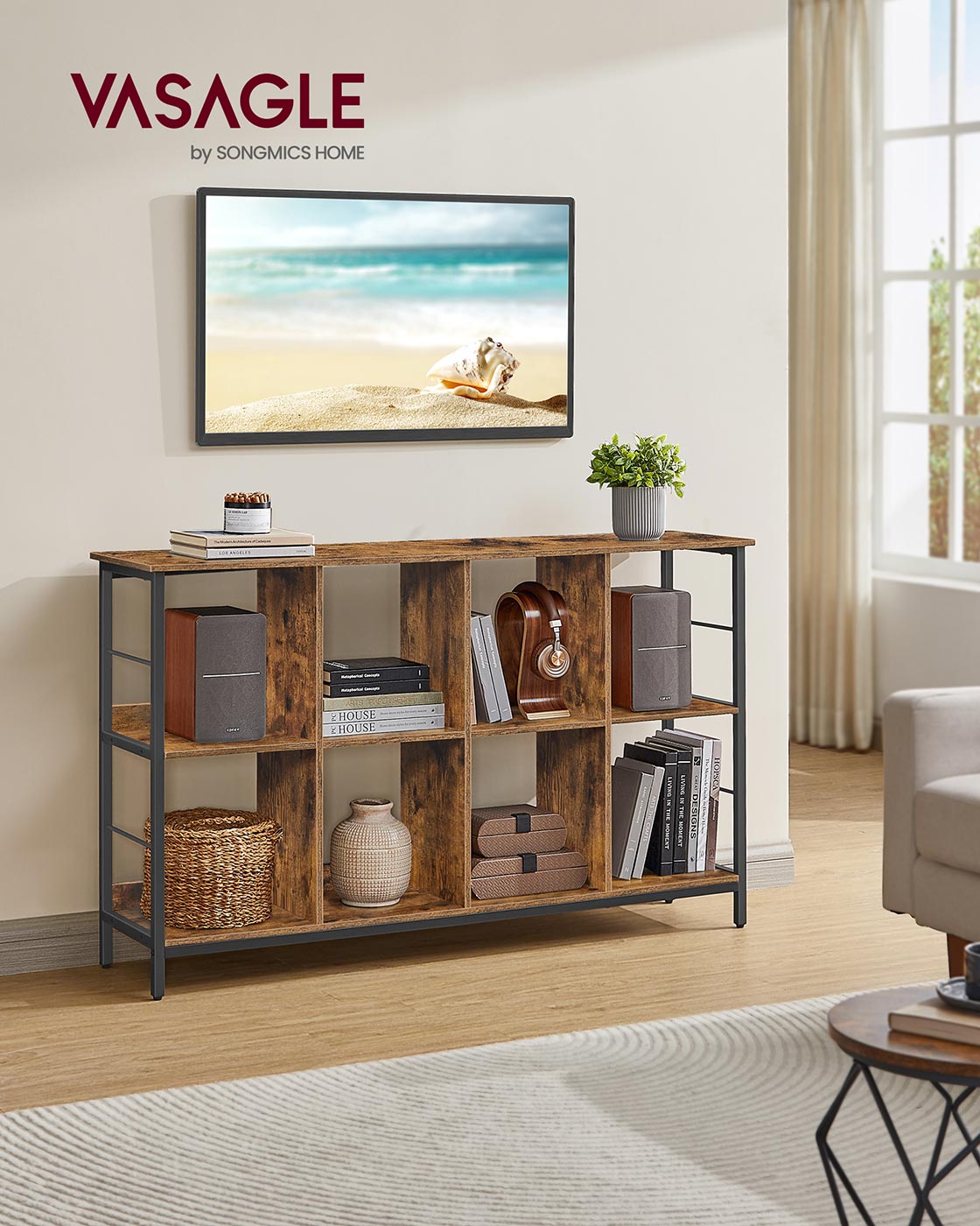 Grāmatu plaukts ar 8 nodalījumiem, 2 līmeņi, skaidu plātne un tērauds, 33 x 132,6 x 80 cm - Image 2