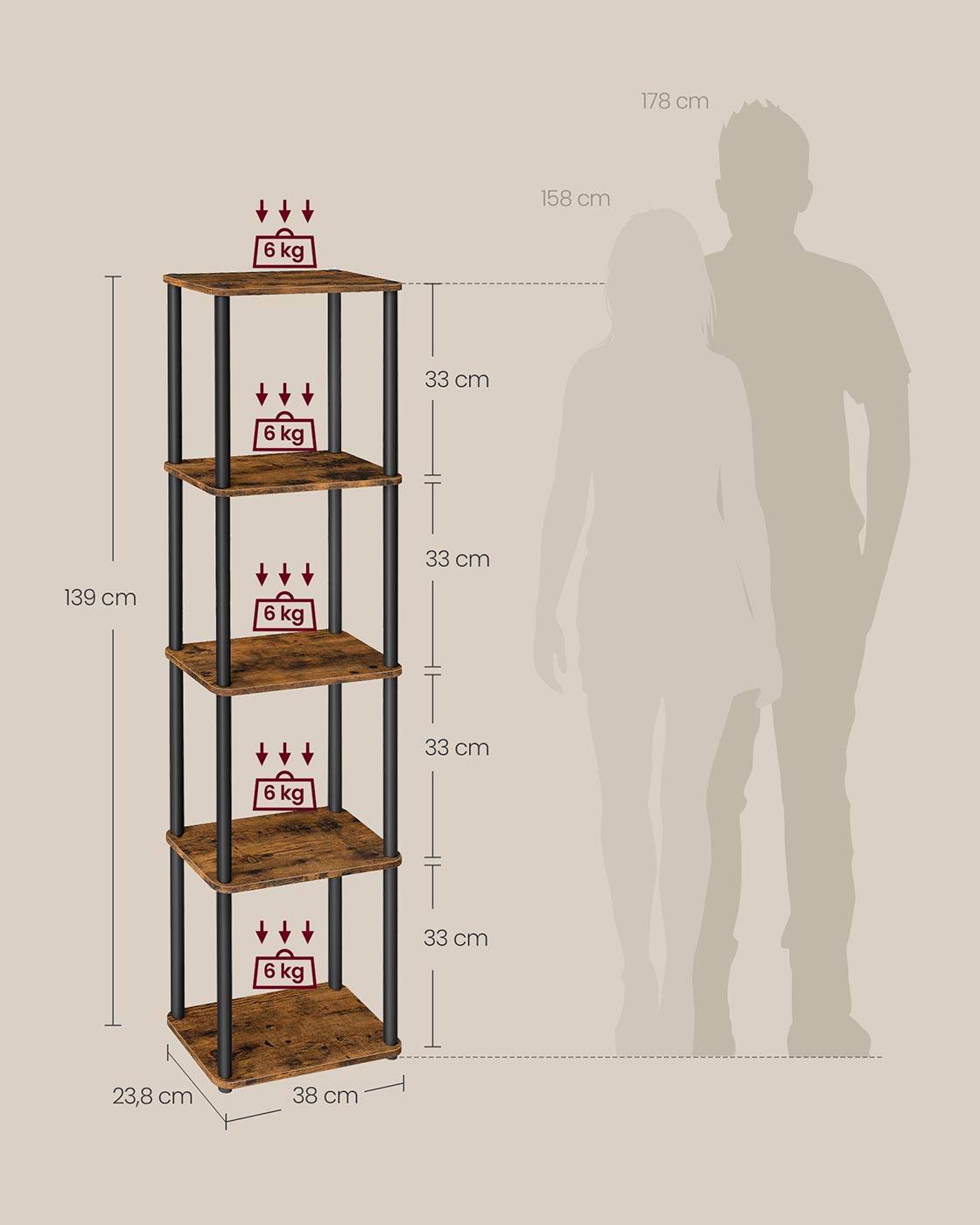 Pastatoma lentyna, 5 pakopų, 23,8 x 38 x 139 cm, medžio drožlių plokštė ir plienas - Image 6
