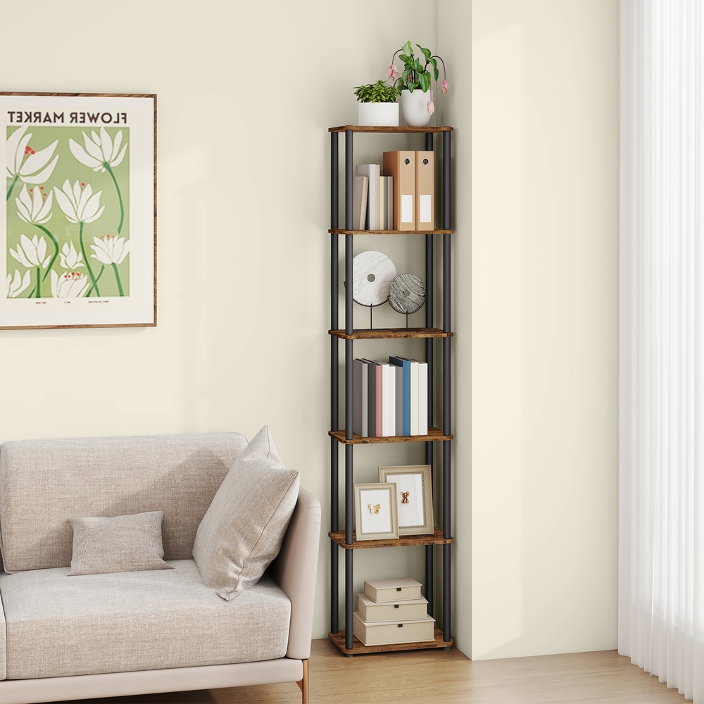 Pastatoma lentyna, 6 lentynų, 23,8 x 38 x 173,4 cm, ruda-juoda, plienas ir medžio drožlių plokštė