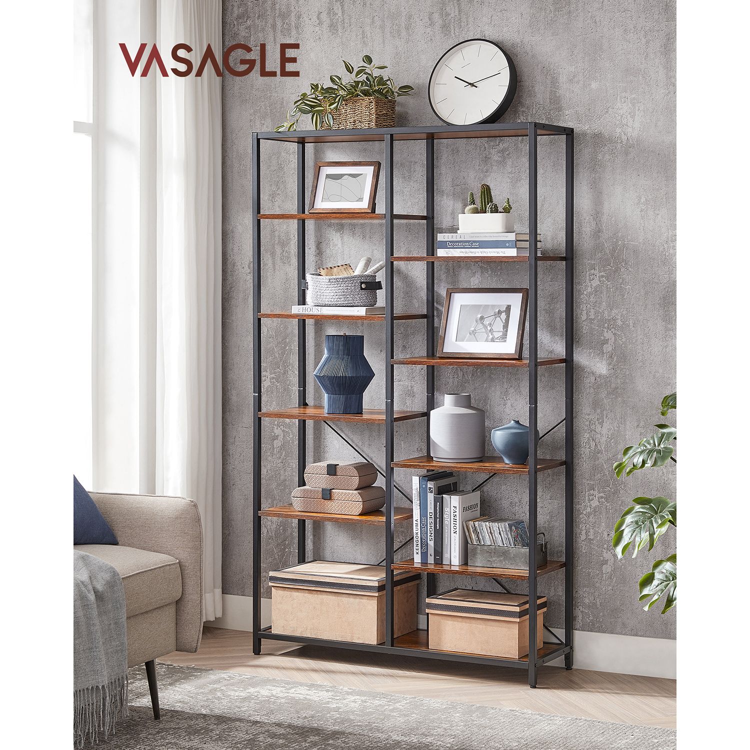 Grāmatu plaukts ar 5 atvērtiem plauktiem, 100 x 30 x 170 cm, skaidu plātne un tērauds - Image 2