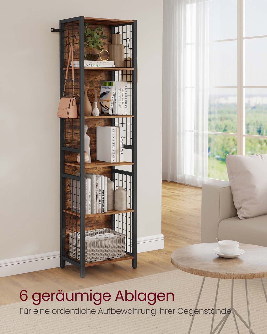 Grāmatu plaukts ar 5 plauktiem un 4 S veida āķiem, 30 x 40 x 175,6 cm, brūns, melns - Image 3