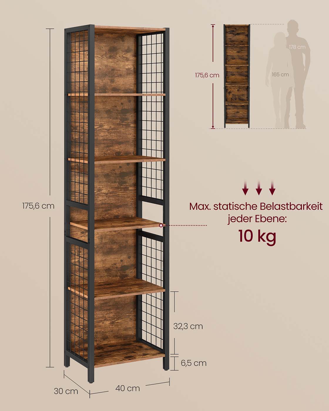 Grāmatu plaukts ar 5 plauktiem un 4 S veida āķiem, 30 x 40 x 175,6 cm, brūns, melns - Image 6
