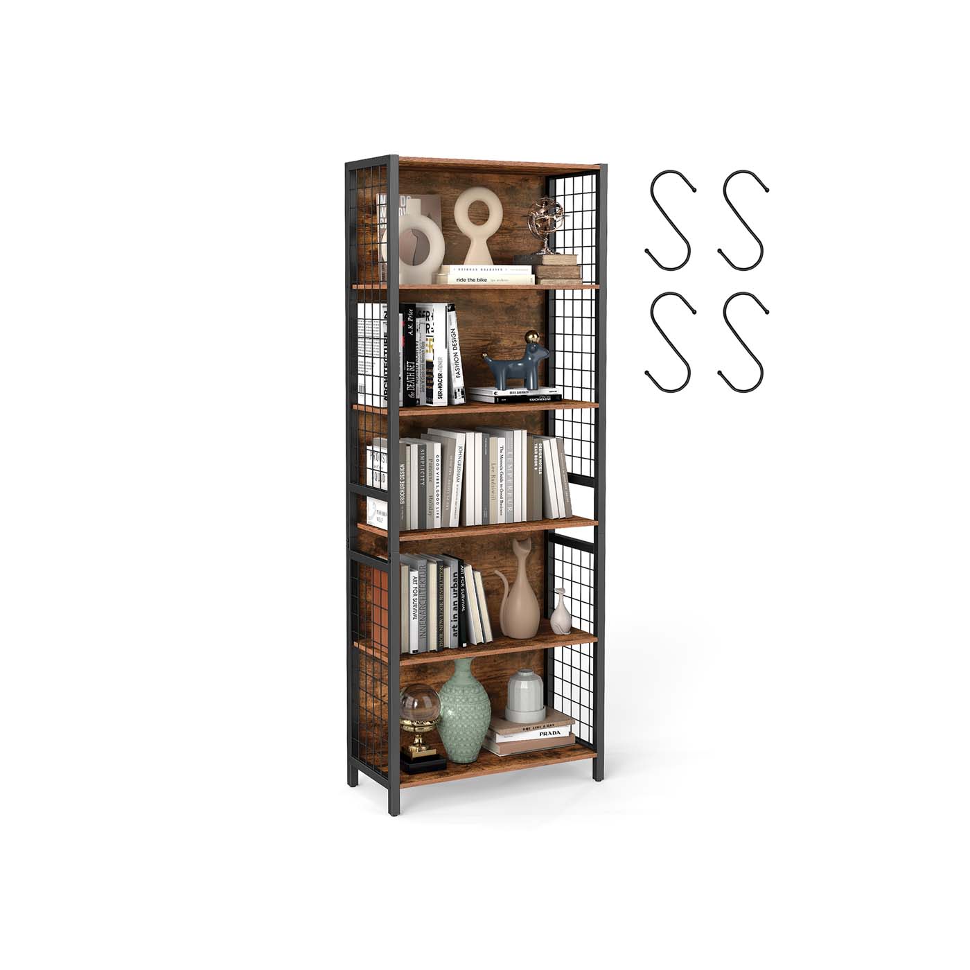 Pastatoma lentyna su 5 lentynomis ir 4 S kabliukais, 30 x 60 x 175,6 cm, ruda, juoda