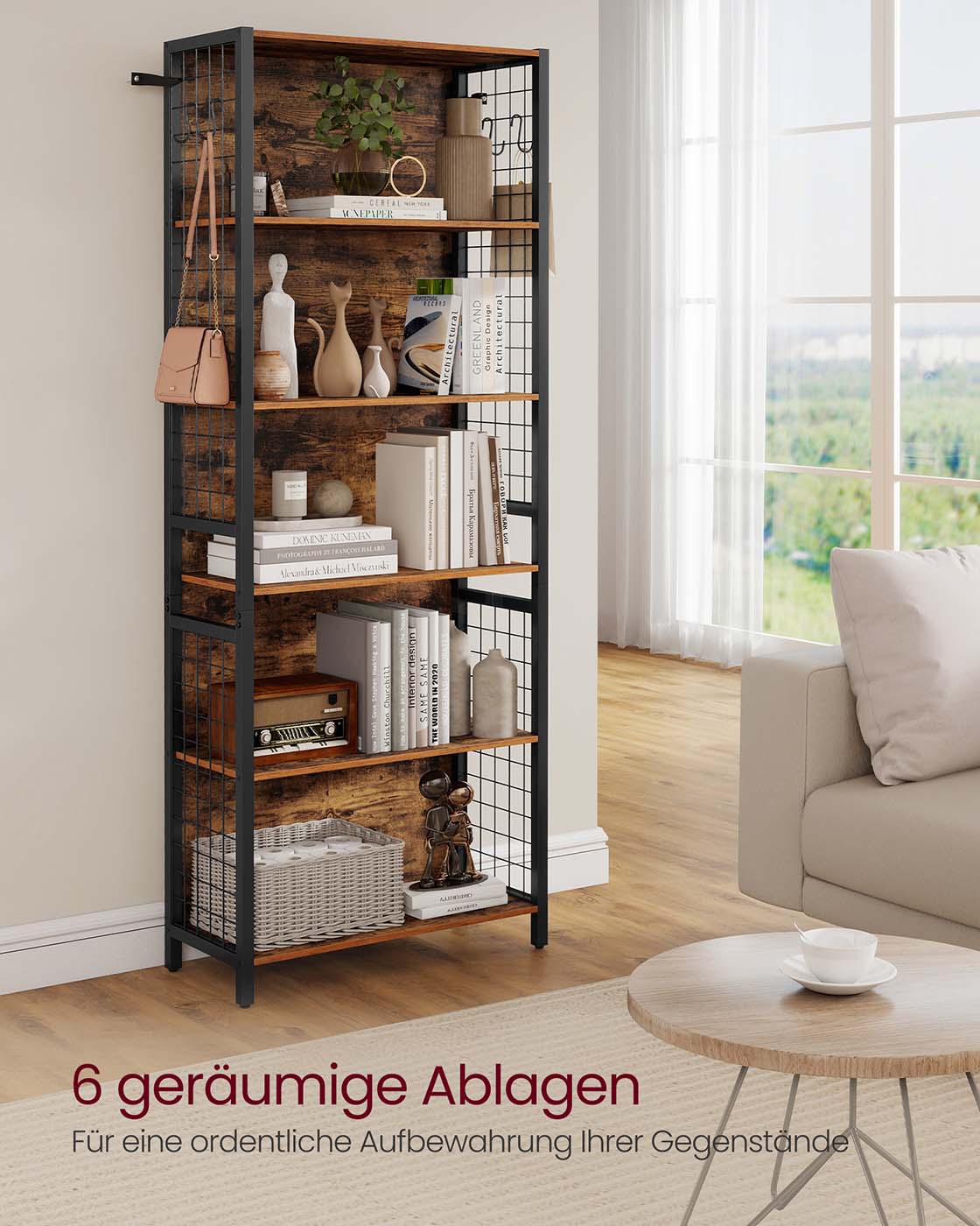 Pastatoma lentyna su 5 lentynomis ir 4 S kabliukais, 30 x 60 x 175,6 cm, ruda, juoda - Image 3