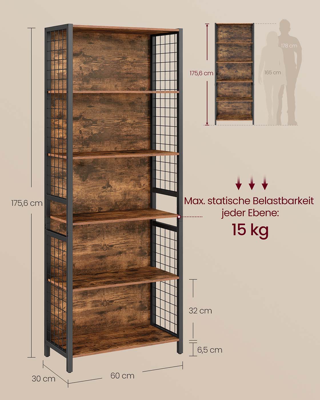 Pastatoma lentyna su 5 lentynomis ir 4 S kabliukais, 30 x 60 x 175,6 cm, ruda, juoda - Image 6